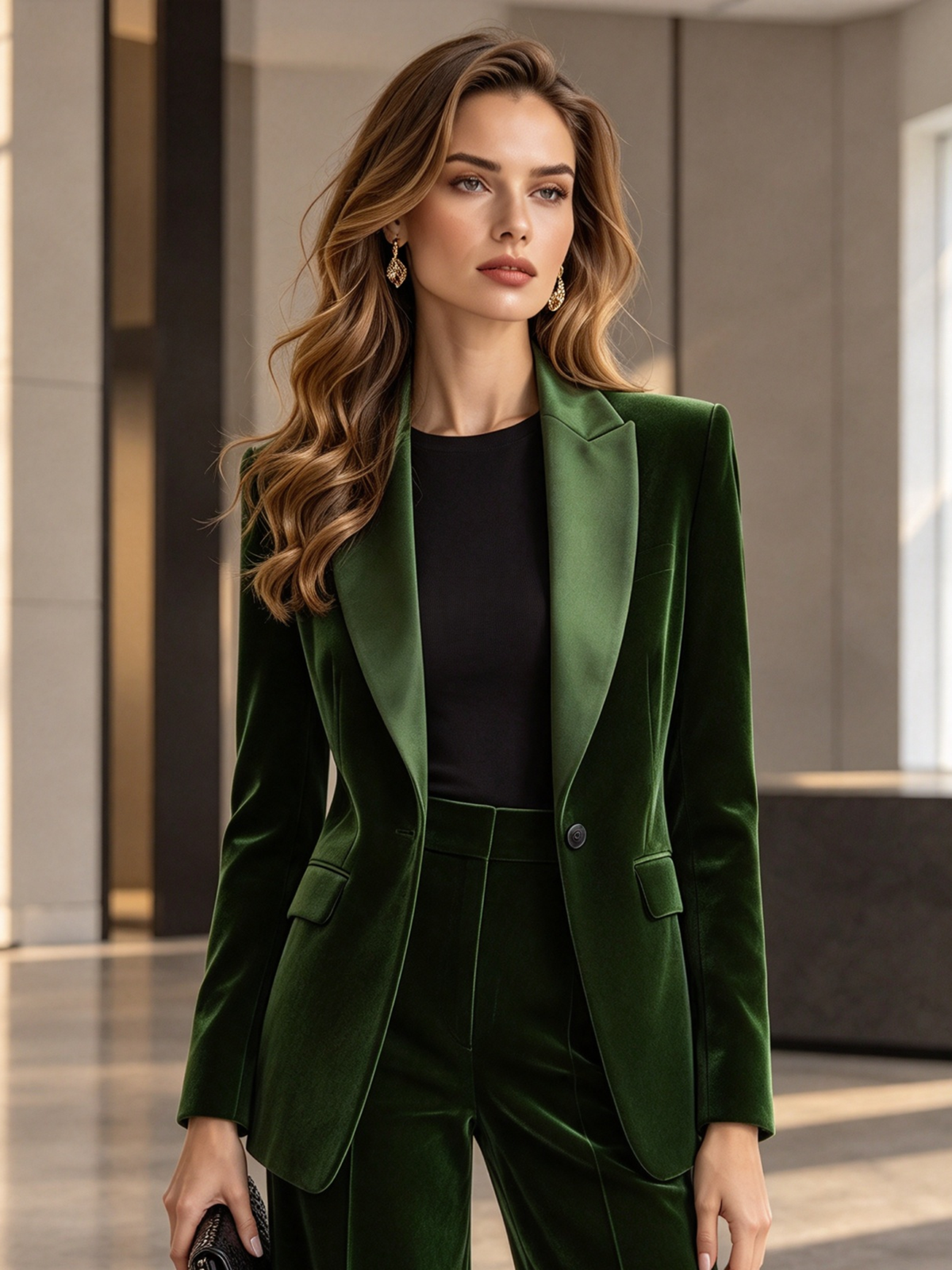 Green Shawl Lapel Single Button Blazer & Wide Leg 2-Piece Suit
