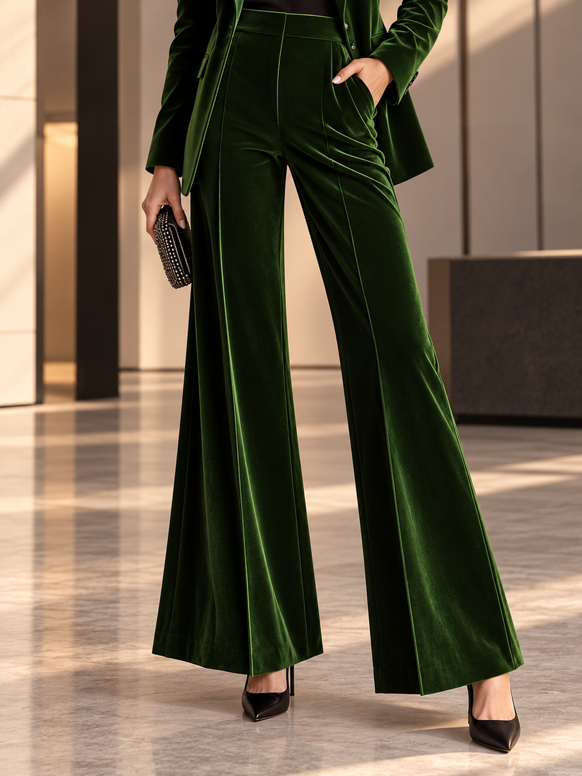 Green Shawl Lapel Single Button Blazer & Wide Leg 2-Piece Suit