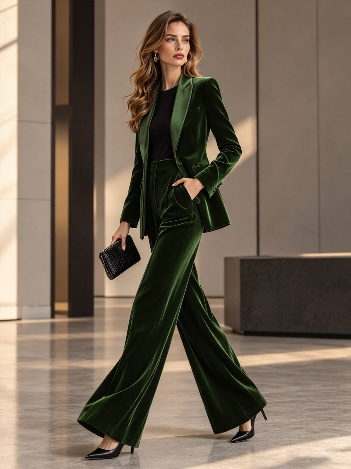 Green Shawl Lapel Single Button Blazer & Wide Leg 2-Piece Suit