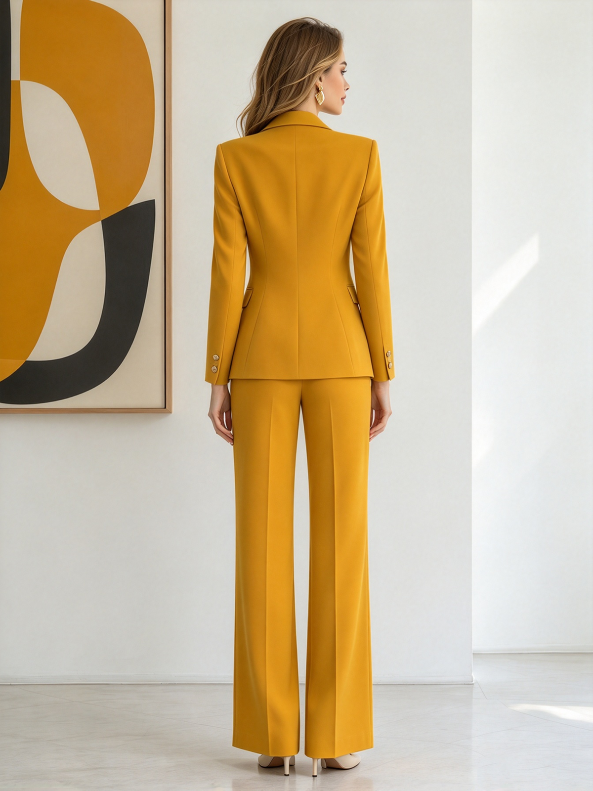 Yellow Notch Lapel Single Button Blazer & Wide Leg 2-Piece Suit