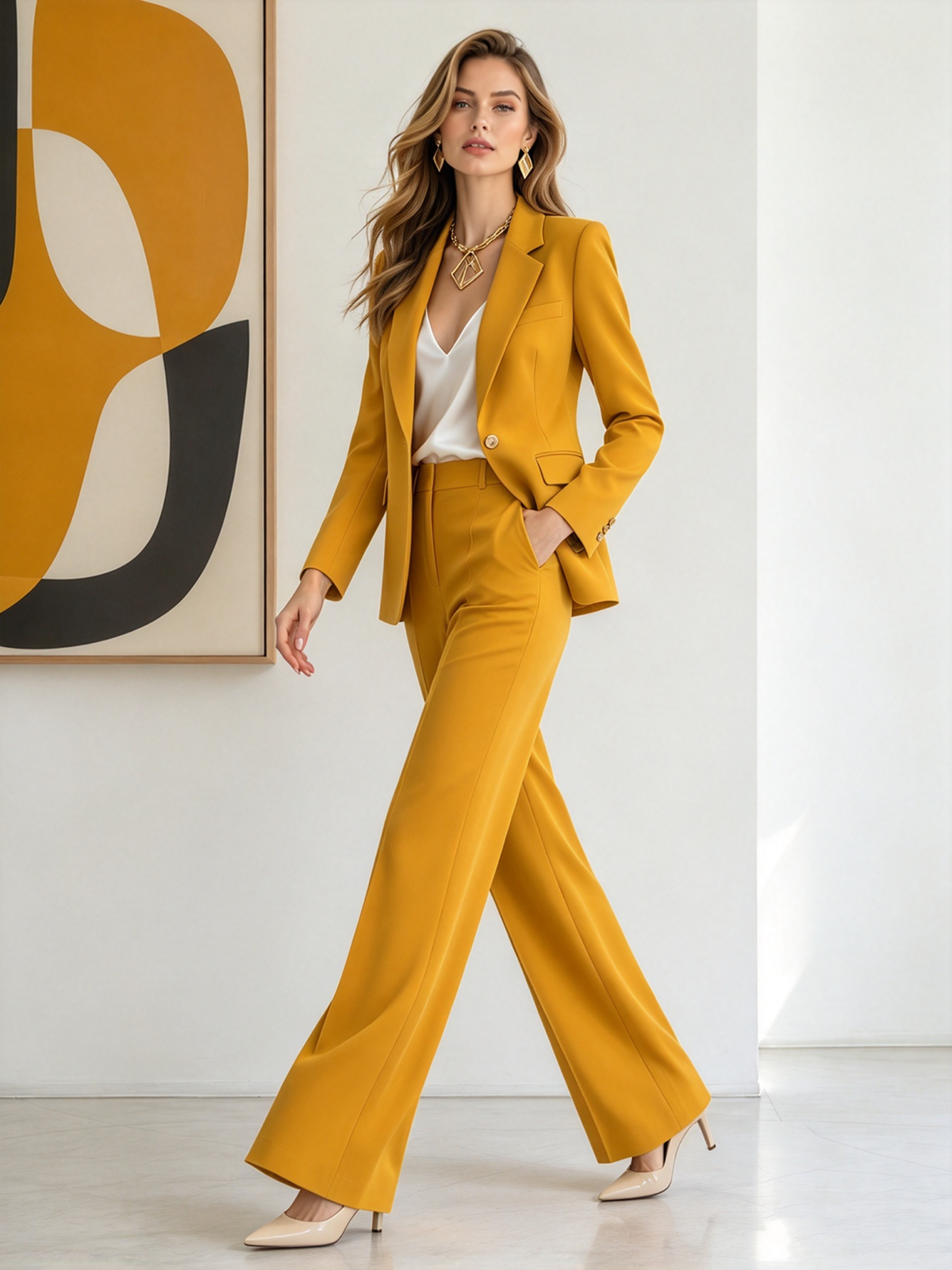 Yellow Notch Lapel Single Button Blazer & Wide Leg 2-Piece Suit