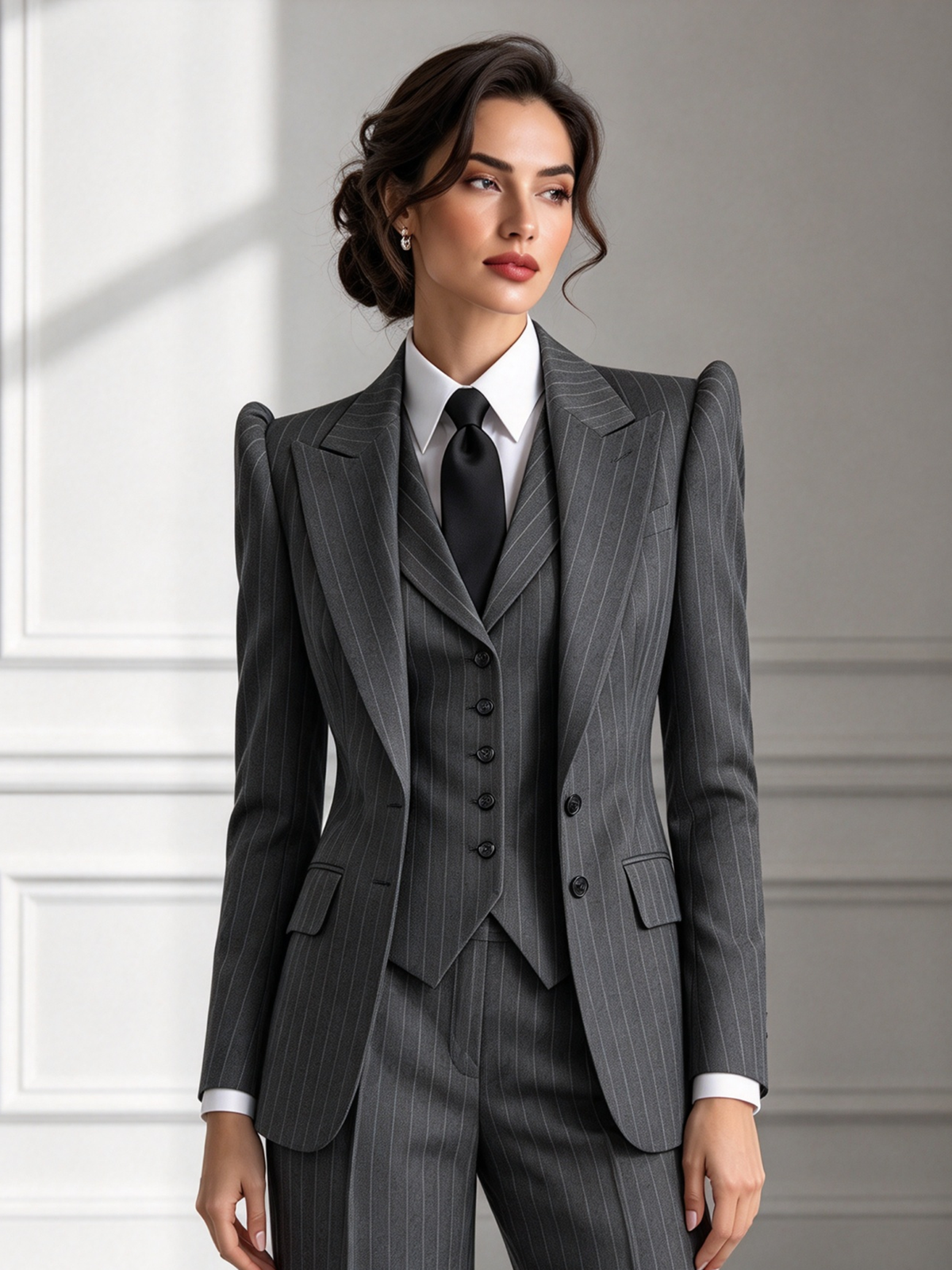 Grey Pinstripe Notch Lapel Single Button Blazer & Wide Leg 3-Piece Suit