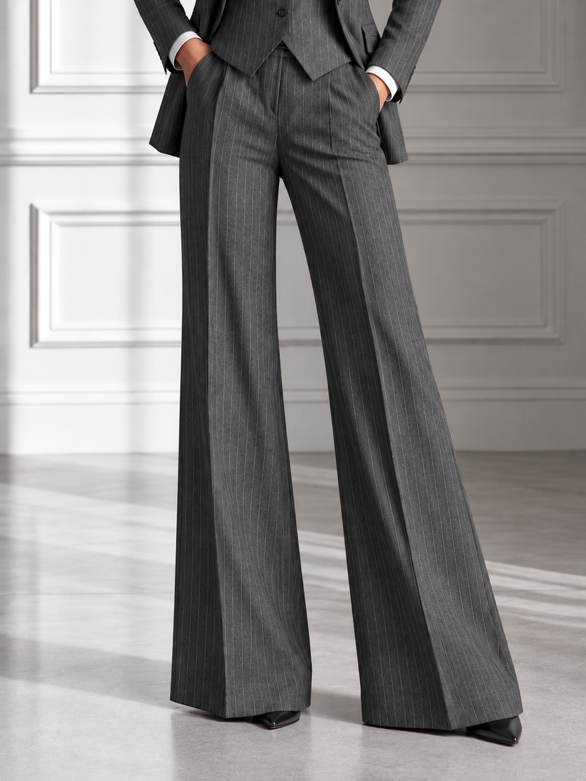 Grey Pinstripe Notch Lapel Single Button Blazer & Wide Leg 3-Piece Suit