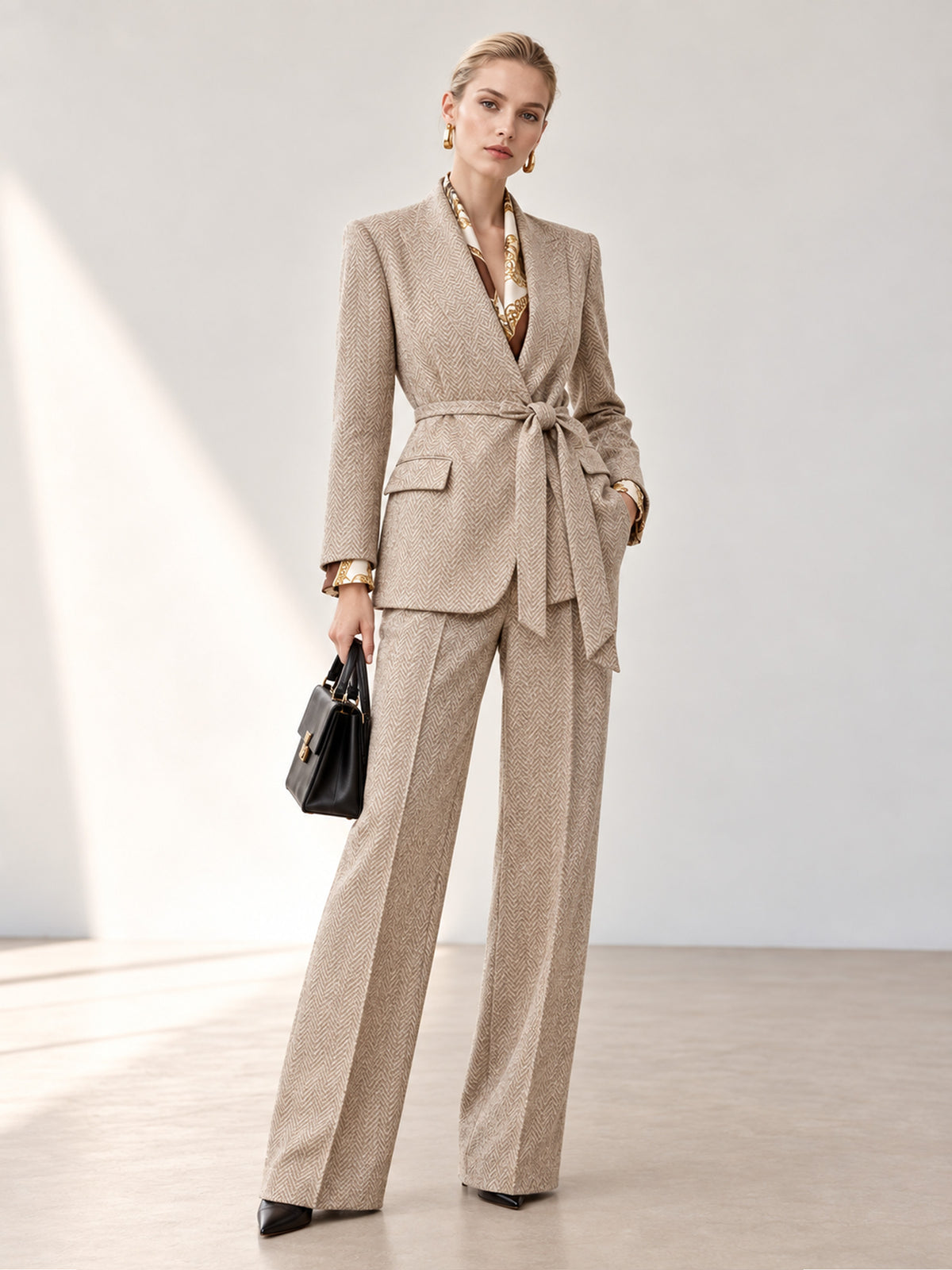 Light Beige Coffee Herringbone Tweed Notch Lapel One-Button Blazer & Wide Leg Pants 2-Piece Suit