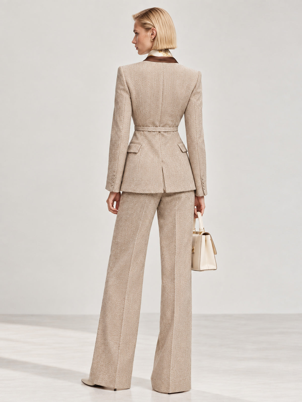 Light Beige Coffee Herringbone Tweed Notch Lapel One-Button Blazer & Wide Leg Pants 2-Piece Suit