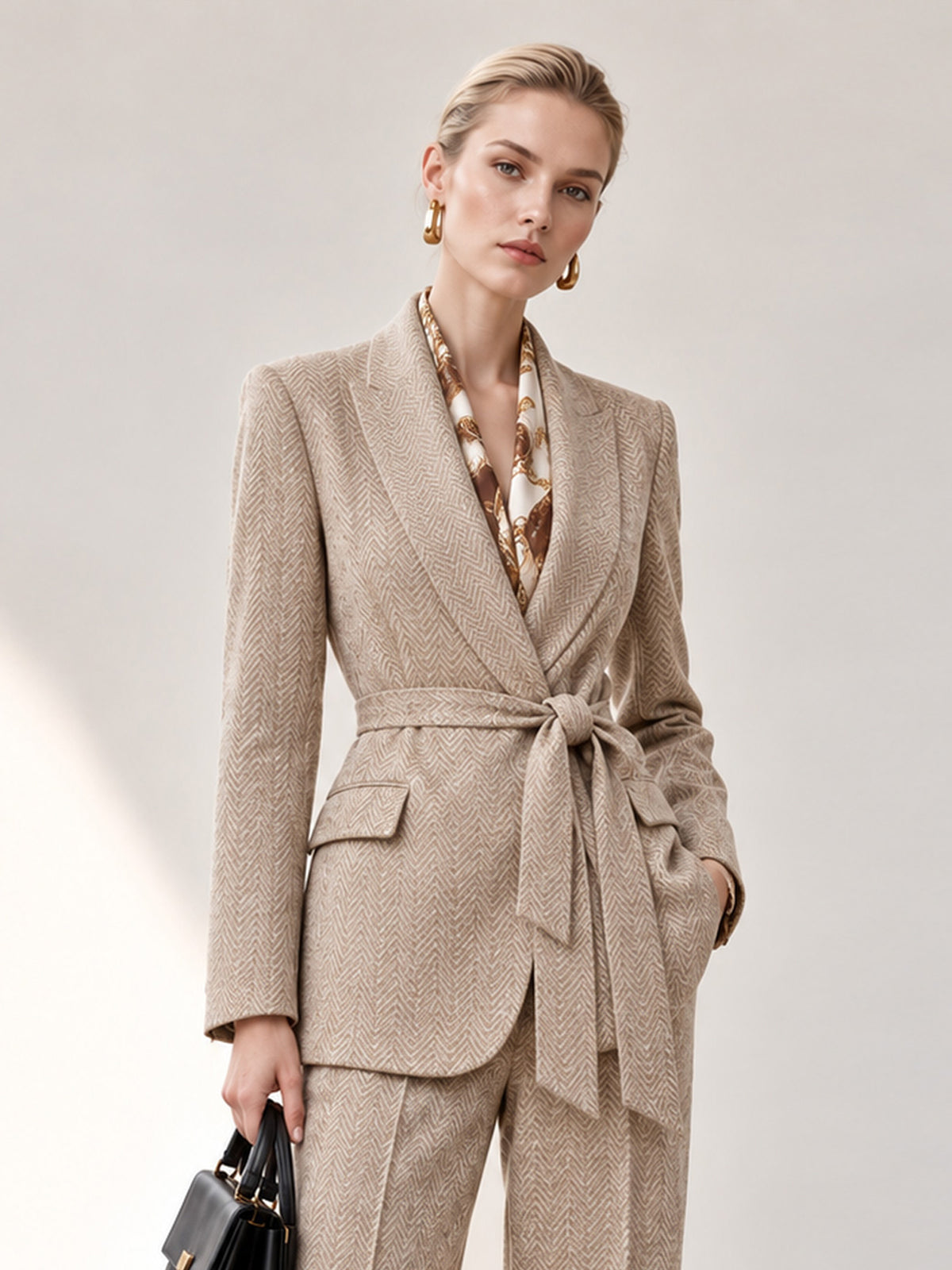 Light Beige Coffee Herringbone Tweed Notch Lapel One-Button Blazer & Wide Leg Pants 2-Piece Suit
