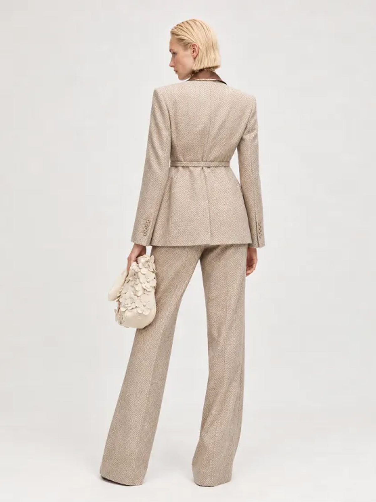 Light Beige Coffee Herringbone Tweed V-Neck Belted Blazer & Straight Leg Pants 2-Piece Suit