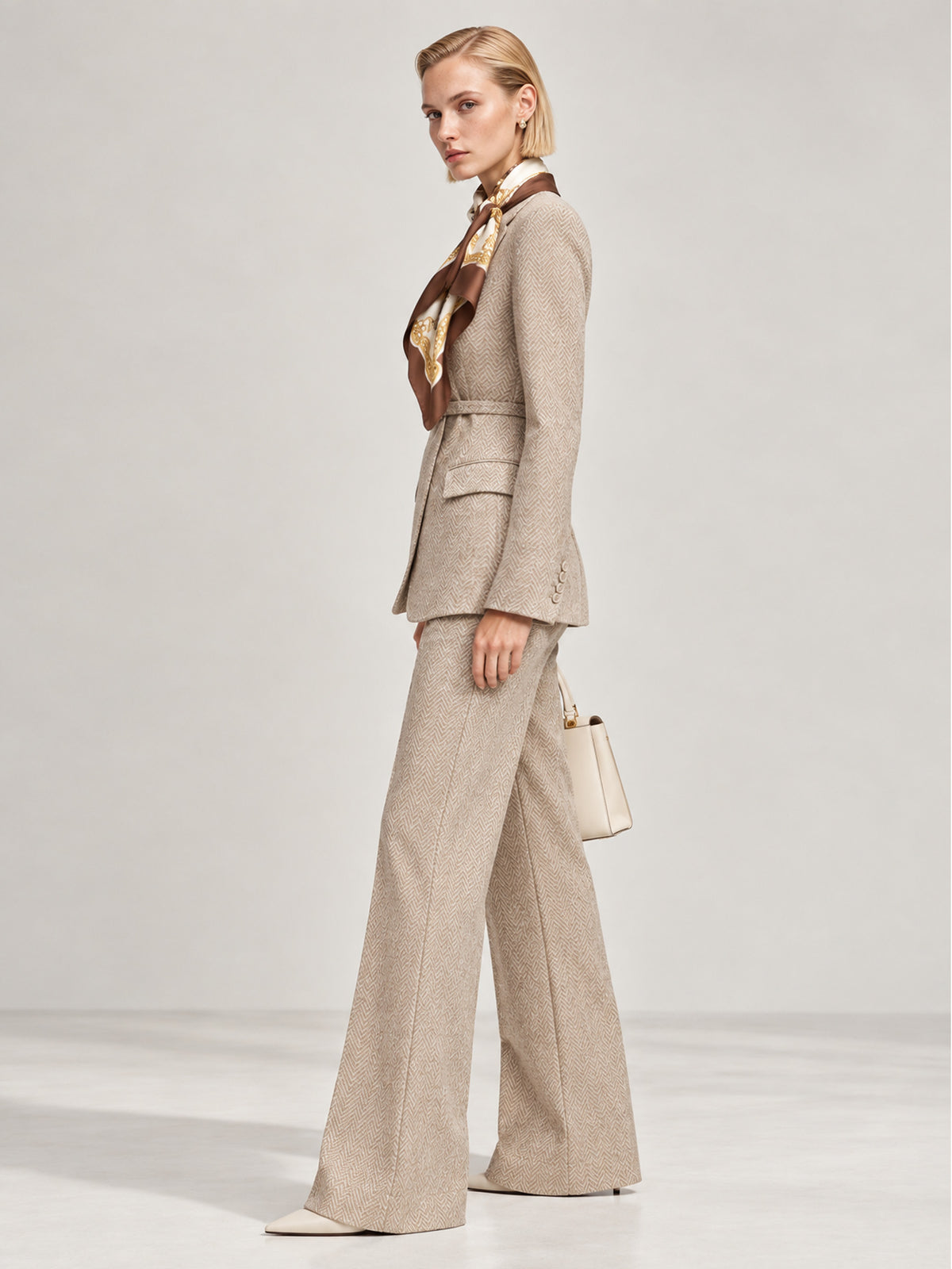 Light Beige Coffee Herringbone Tweed V-Neck Belted Blazer & Straight Leg Pants 2-Piece Suit
