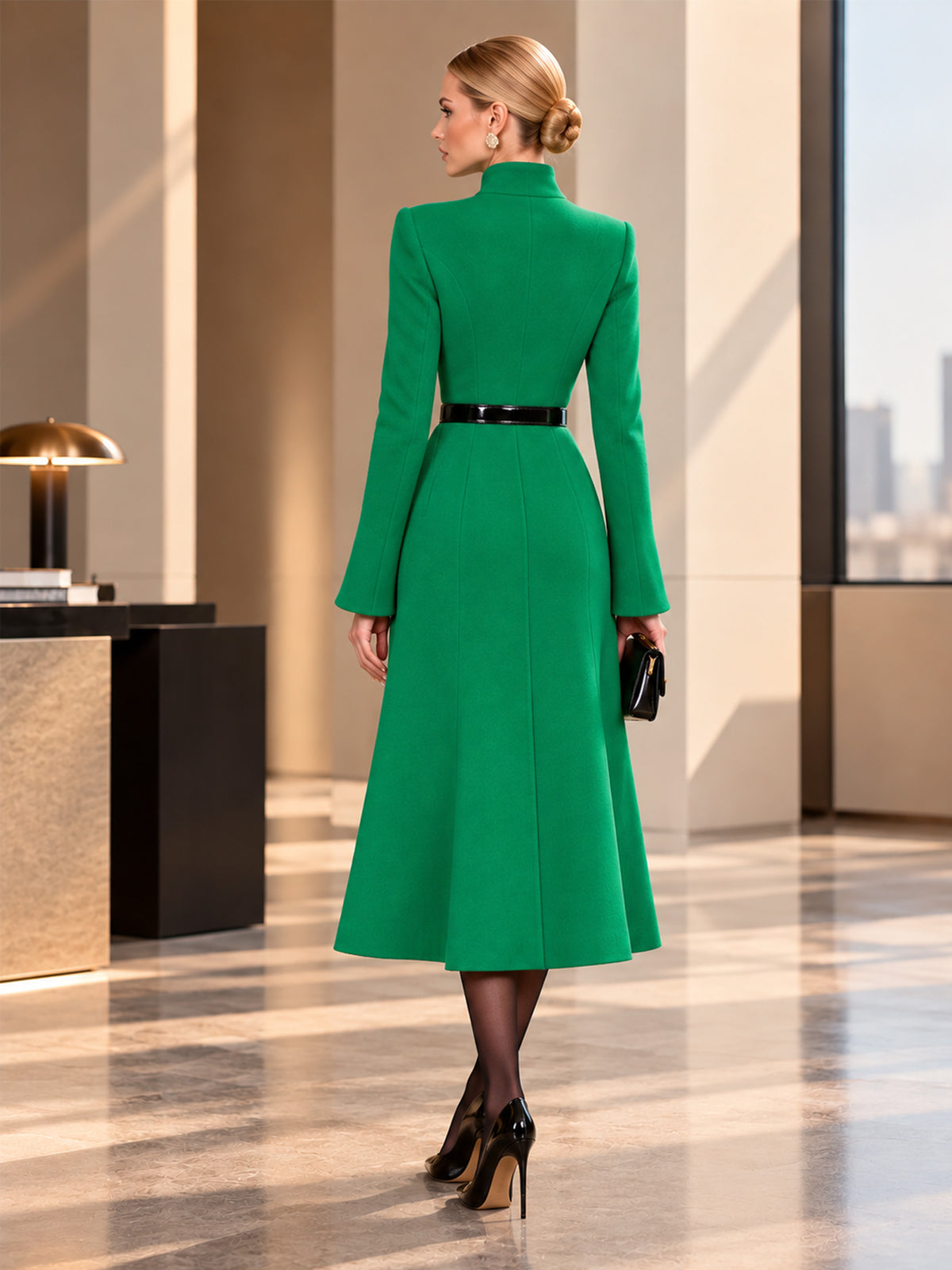 Green Stand Collar Single Breasted A-Line Long Blazer