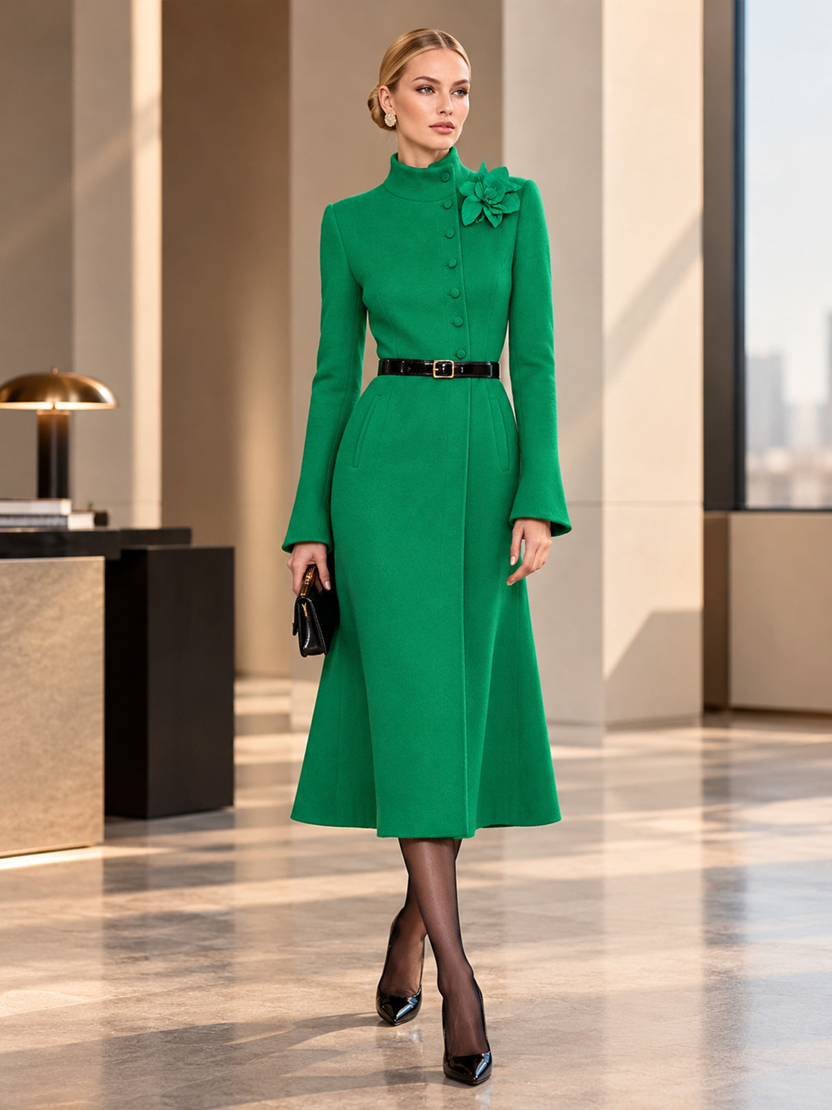 Green Stand Collar Single Breasted A-Line Long Blazer