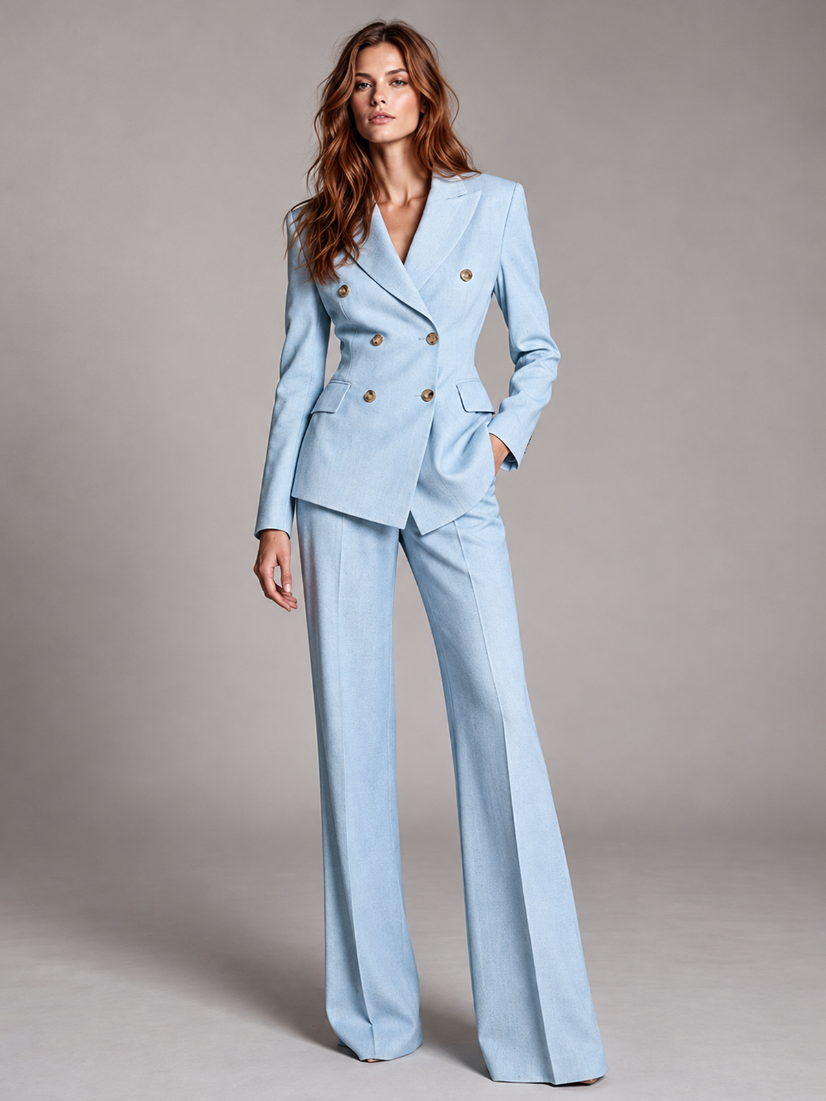 Light Blue Peak Lapel Double Breasted Blazer & Flared Trousers 2-Piece Suit