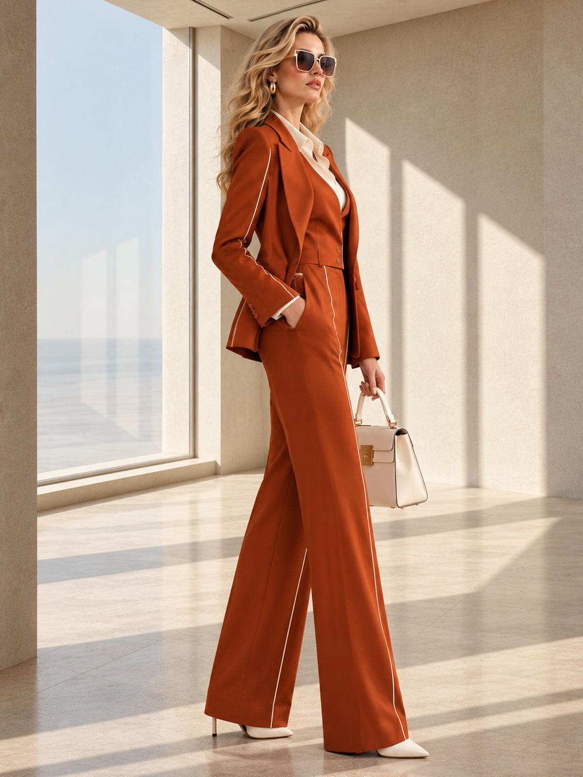 Orange-Brown Peak Lapel One-Button Blazer + Two-Button Vest + Wide Leg Pants 3-Piece Suit