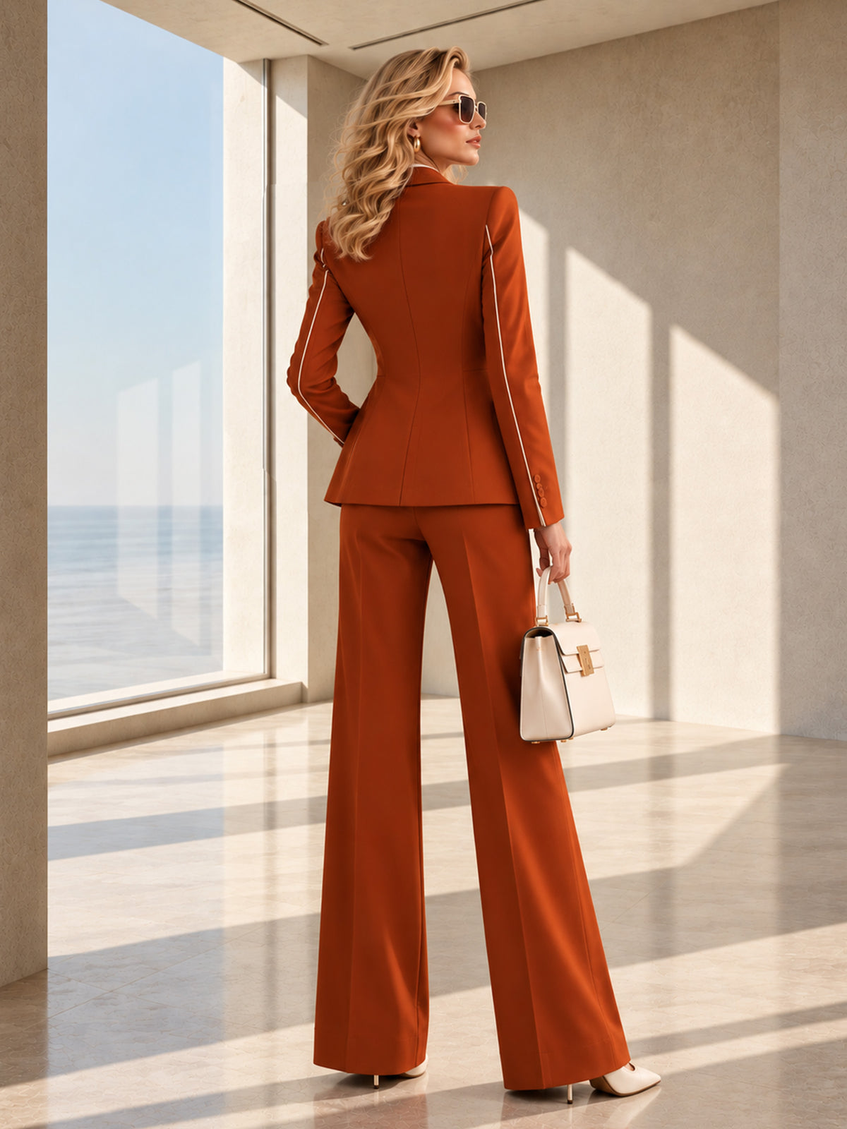 Orange-Brown Peak Lapel One-Button Blazer + Two-Button Vest + Wide Leg Pants 3-Piece Suit