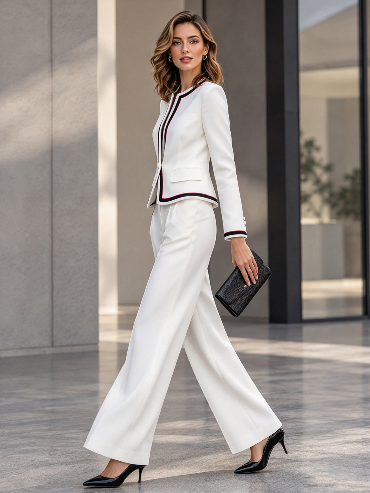 White Mandarin Stand Collar Single Button Blazer & Wide Leg Trousers 2-Piece Suit