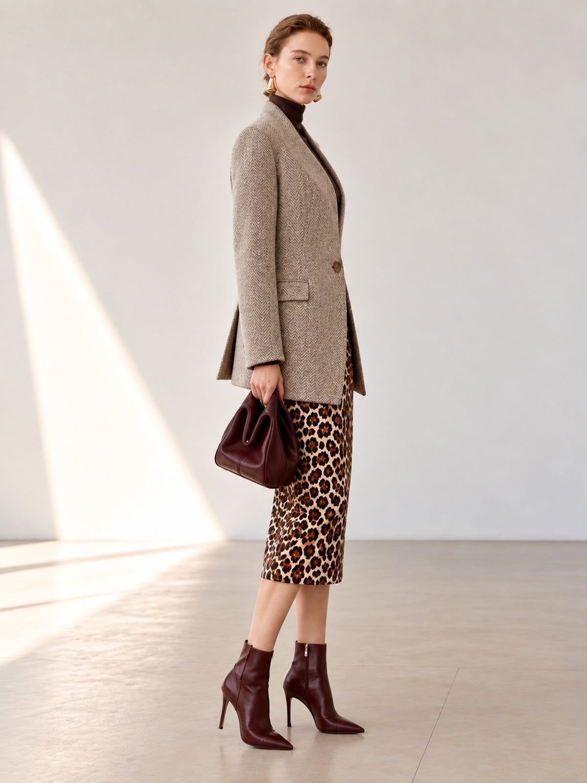 Dark Grey Oat Herringbone V-Neck Collarless One-Button Straight Blazer & Leopard Midi Bodycon Skirt 2-Piece Suit