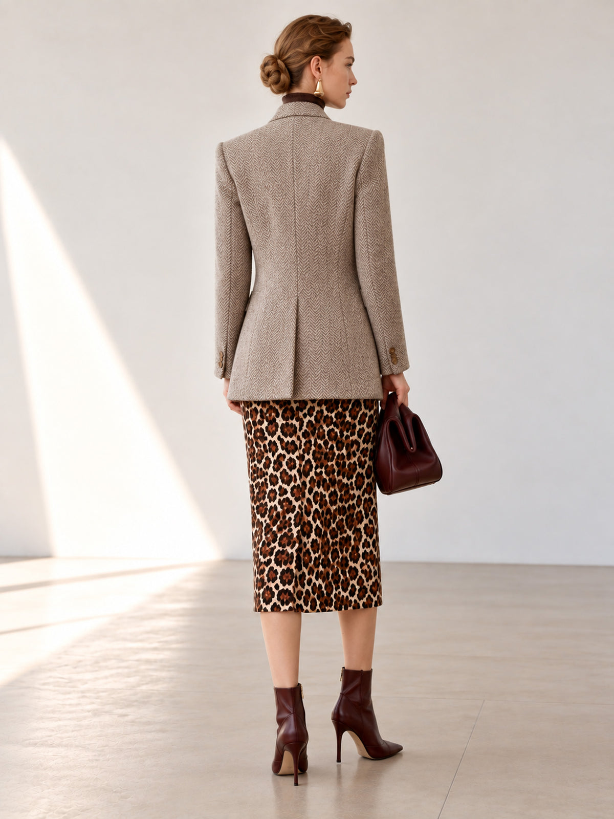 Dark Grey Oat Herringbone V-Neck Collarless One-Button Straight Blazer & Leopard Midi Bodycon Skirt 2-Piece Suit
