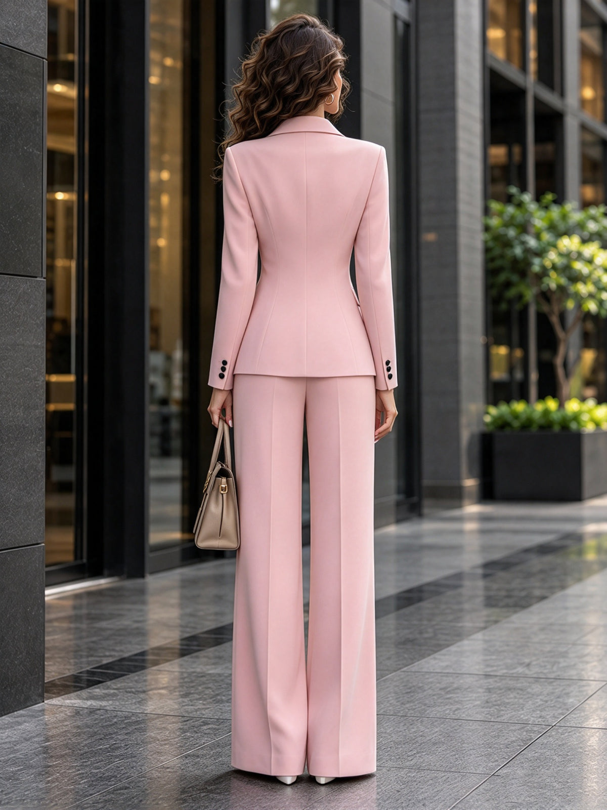 Pink Notch Lapel Multi Button Blazer & Wide Leg Trousers 2-Piece Suit