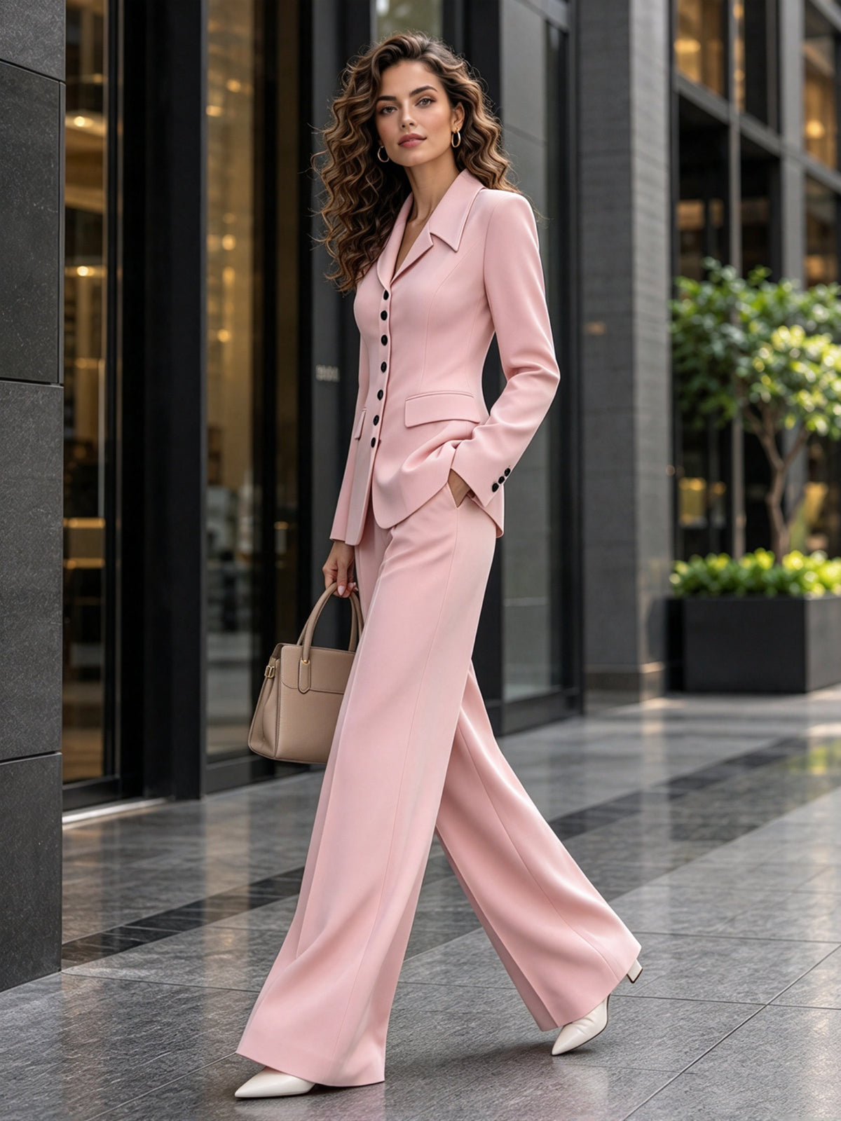 Pink Notch Lapel Multi Button Blazer & Wide Leg Trousers 2-Piece Suit