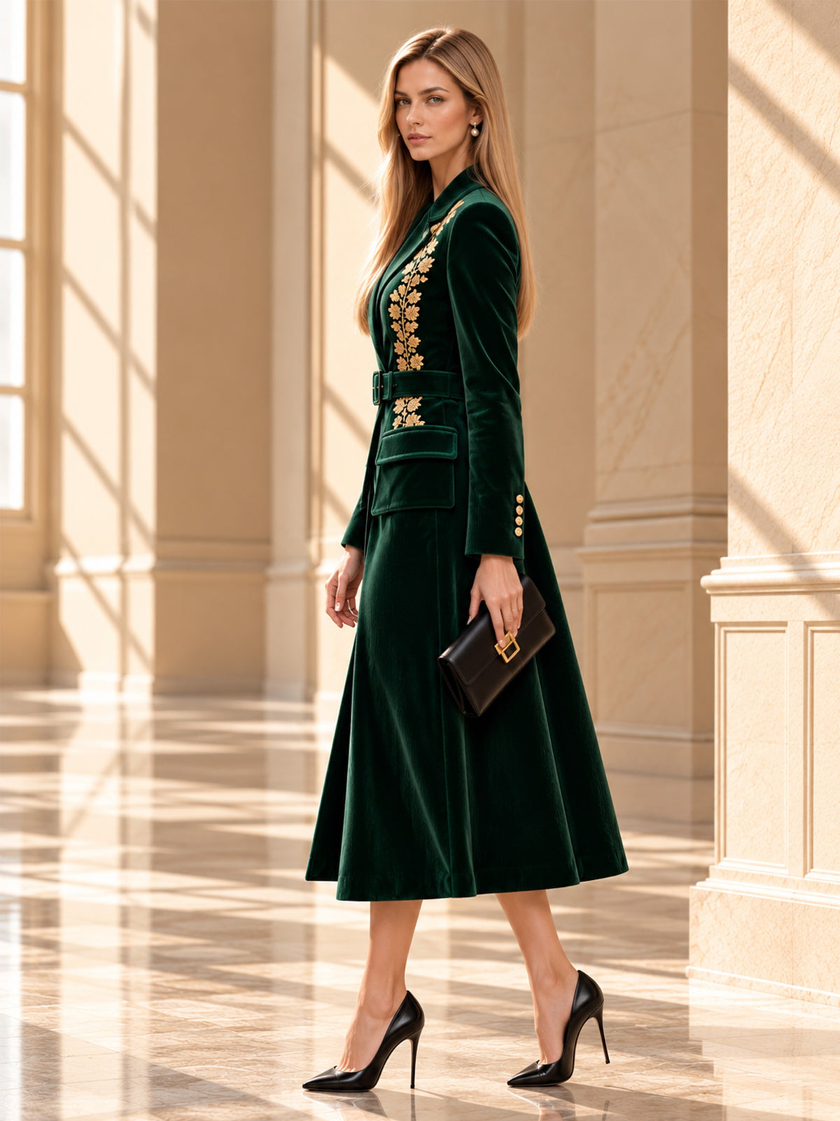 Dark Green Velvet Notch Lapel Long Blazer with Gold Embroidery & Wide Waist Belt