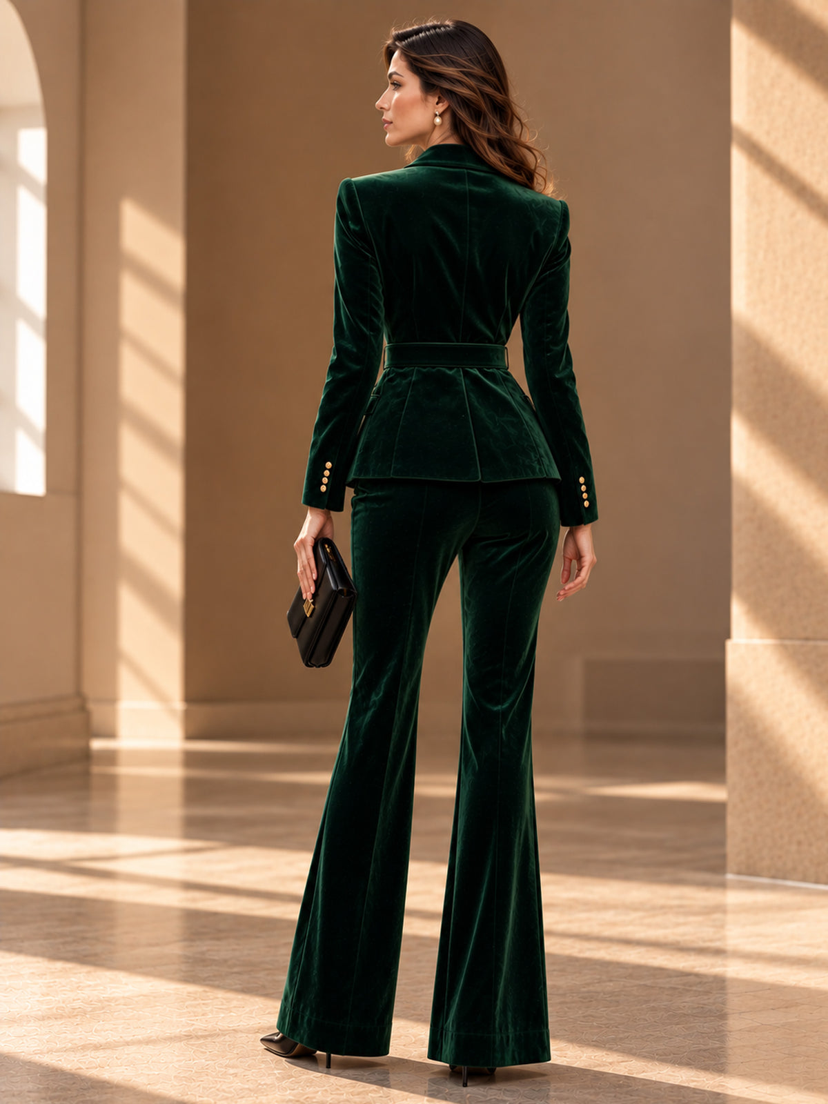 Dark Green Velvet Notch Lapel Blazer with Gold Embroidery & Waist Belt + Flared Pants 2-Piece Suit