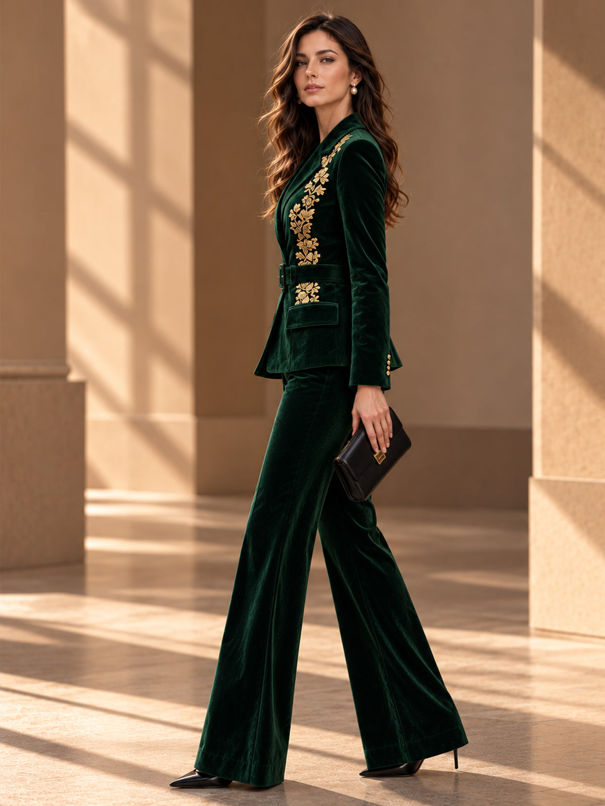 Dark Green Velvet Notch Lapel Blazer with Gold Embroidery & Waist Belt + Flared Pants 2-Piece Suit