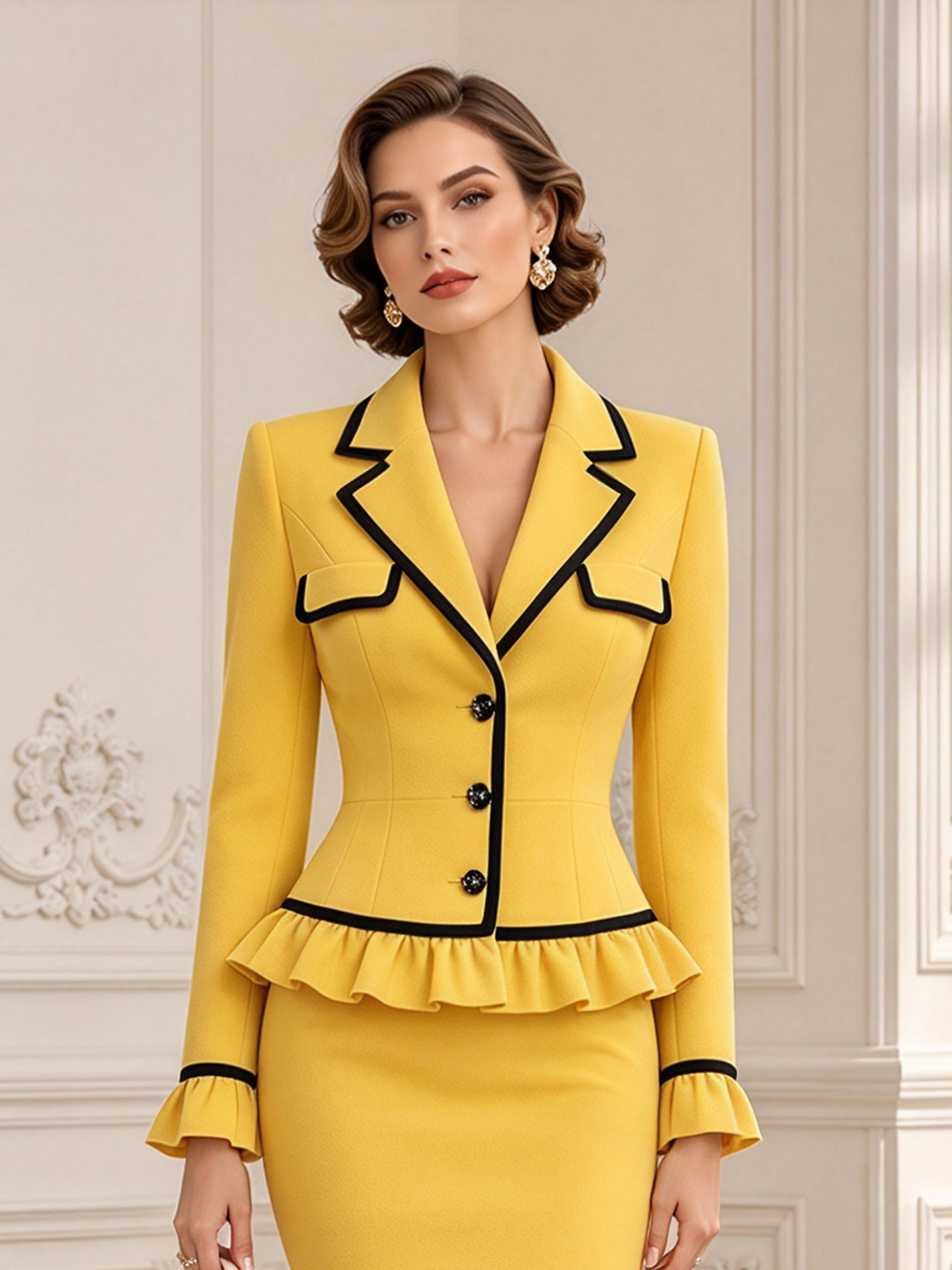 Yellow Notch Lapel Three Button Blazer & Midi Pencil Skirt 2-Piece Suit
