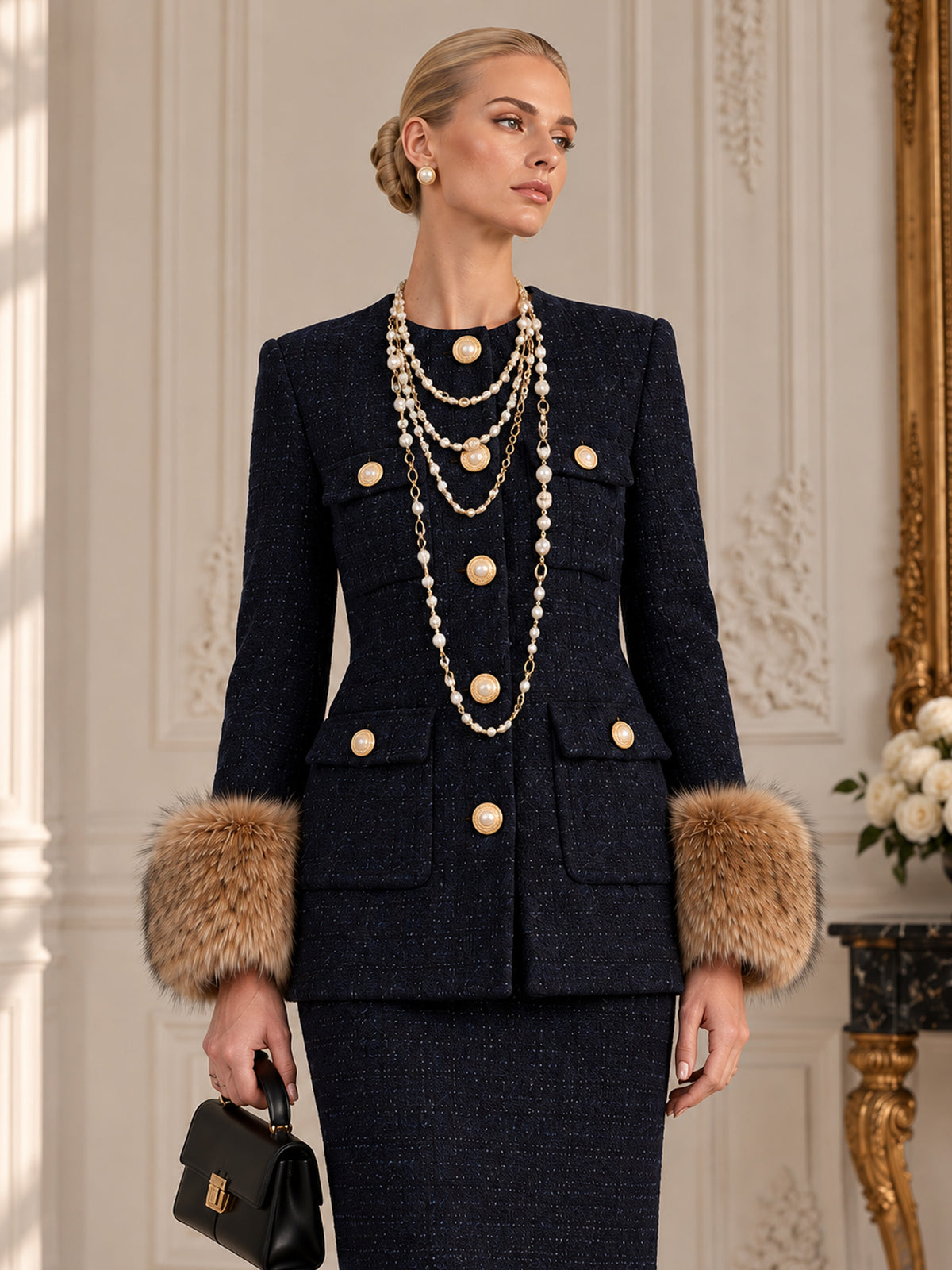 Dark Navy Small Check Tweed Round Neck Single Breasted Four-Pocket Blazer & Long Midi Skirt 2-Piece Suit