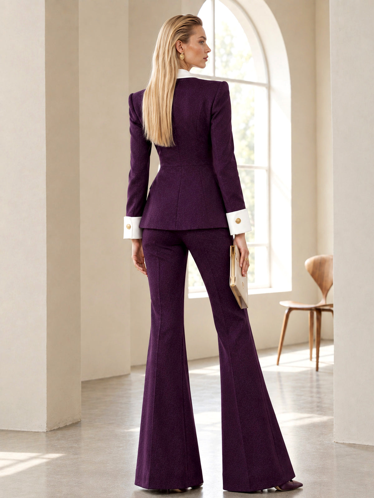 Deep Purple Square Neck Double Breasted Blazer & Flared Pants 2-Piece Suit