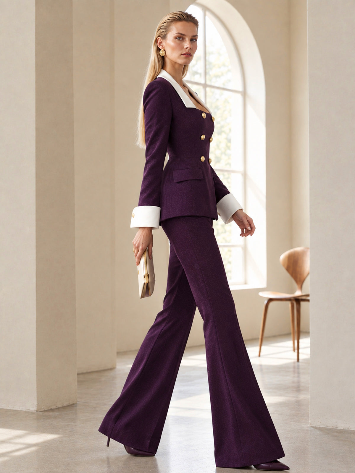 Deep Purple Square Neck Double Breasted Blazer & Flared Pants 2-Piece Suit