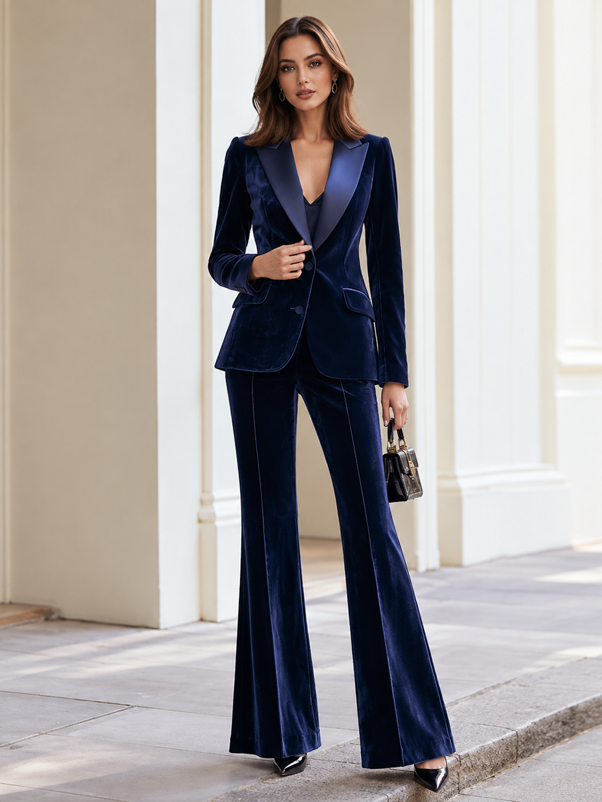 Navy Peak Lapel Two Button Blazer & Flared Pants 2-Piece Suit