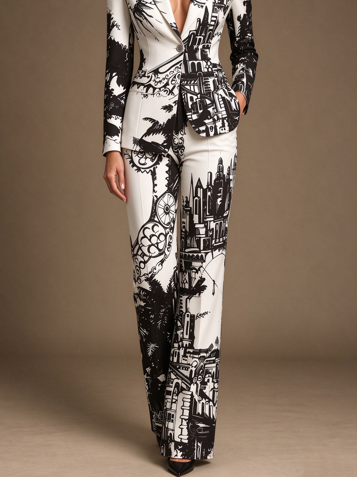 White Illustrated Print Peak Lapel Blazer And Flared Pants 2-Piece Suit