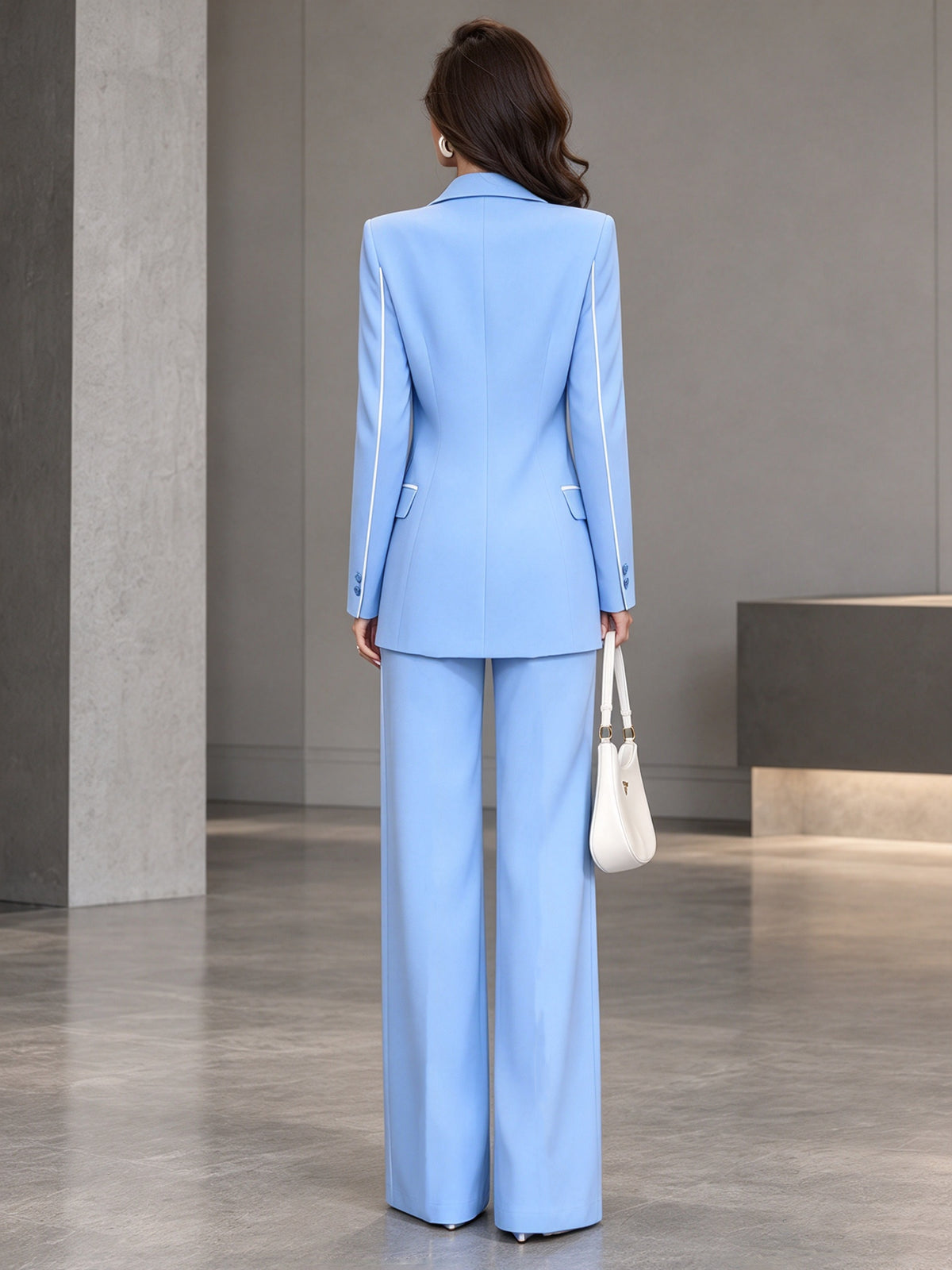Light Blue Notch Lapel Single Button Blazer & Wide Leg Trousers 2-Piece Suit