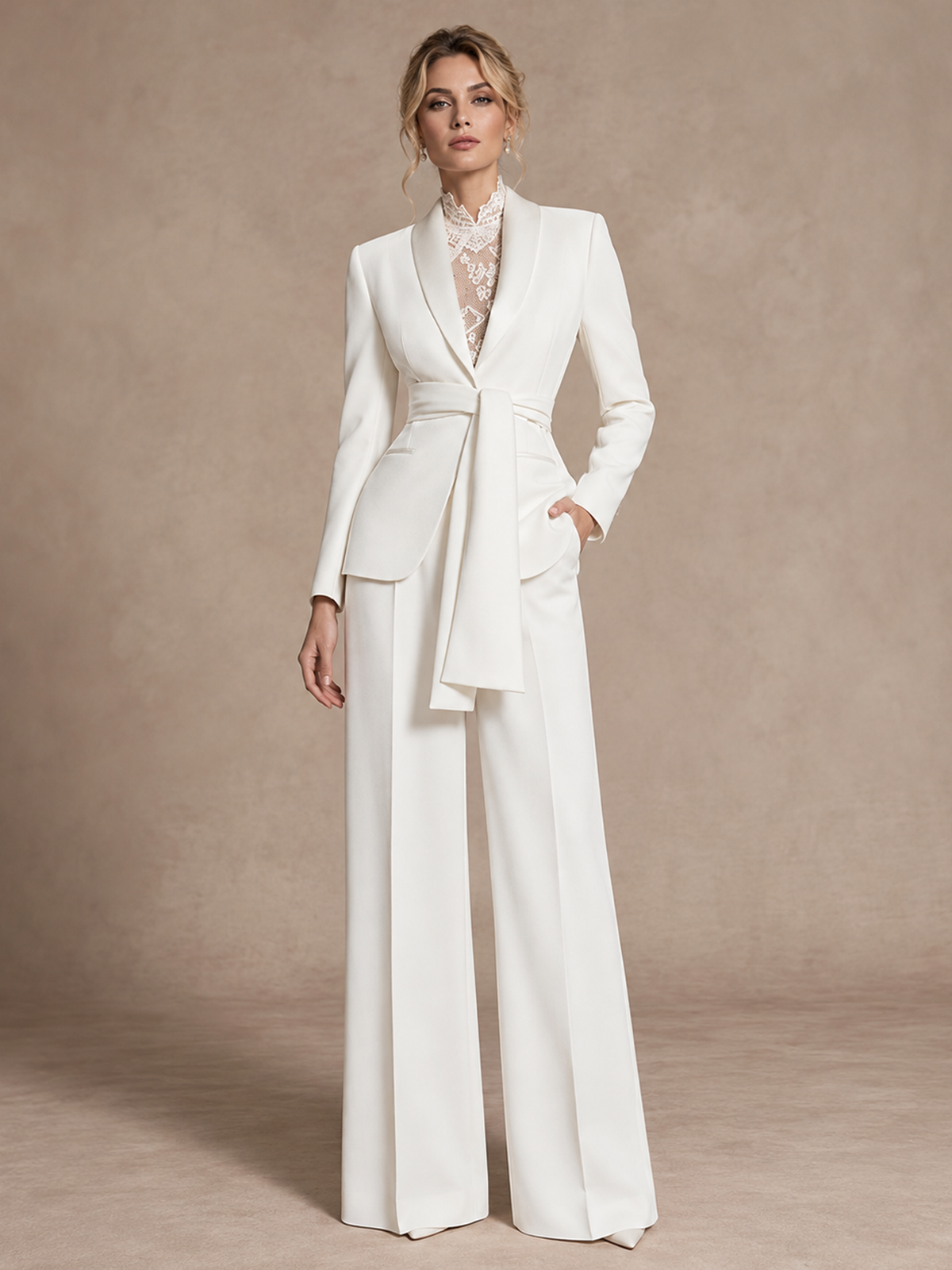 White Shawl Lapel Belted Blazer & Wide Leg Trousers 2-Piece Suit