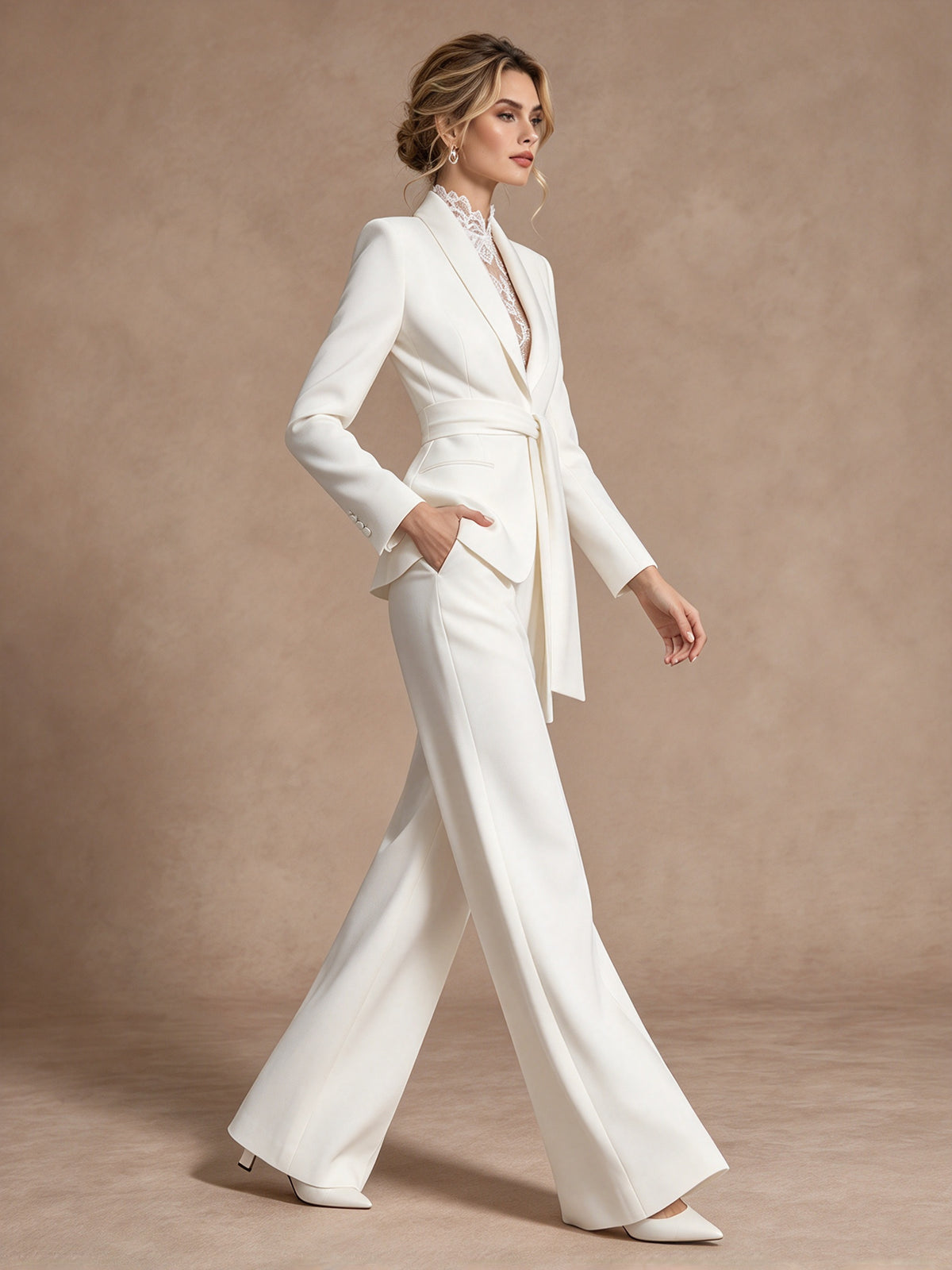 White Shawl Lapel Belted Blazer & Wide Leg Trousers 2-Piece Suit