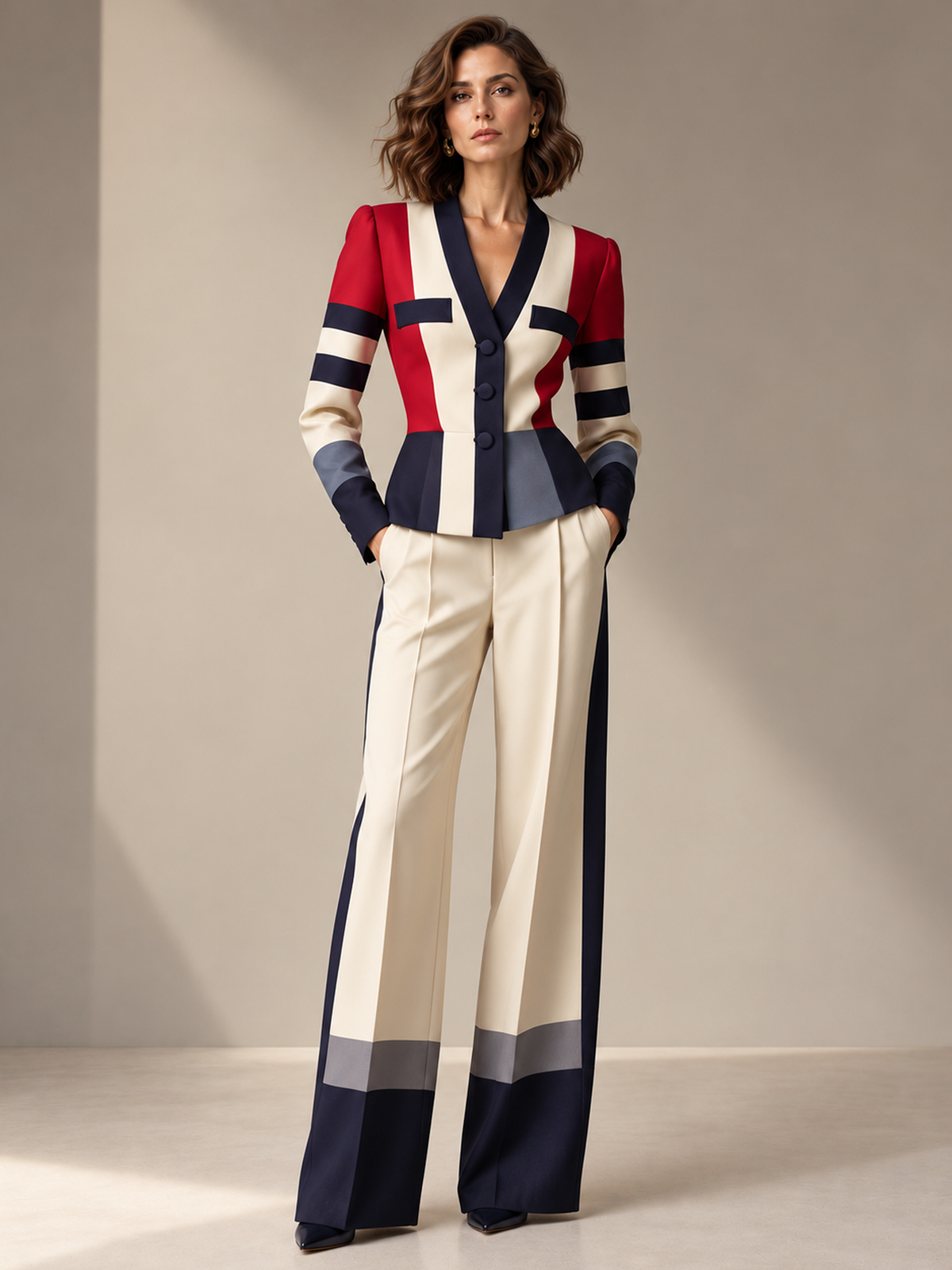 Beige Color Block V Neck Blazer And High Waist Wide Leg Pants 2-Piece Suit