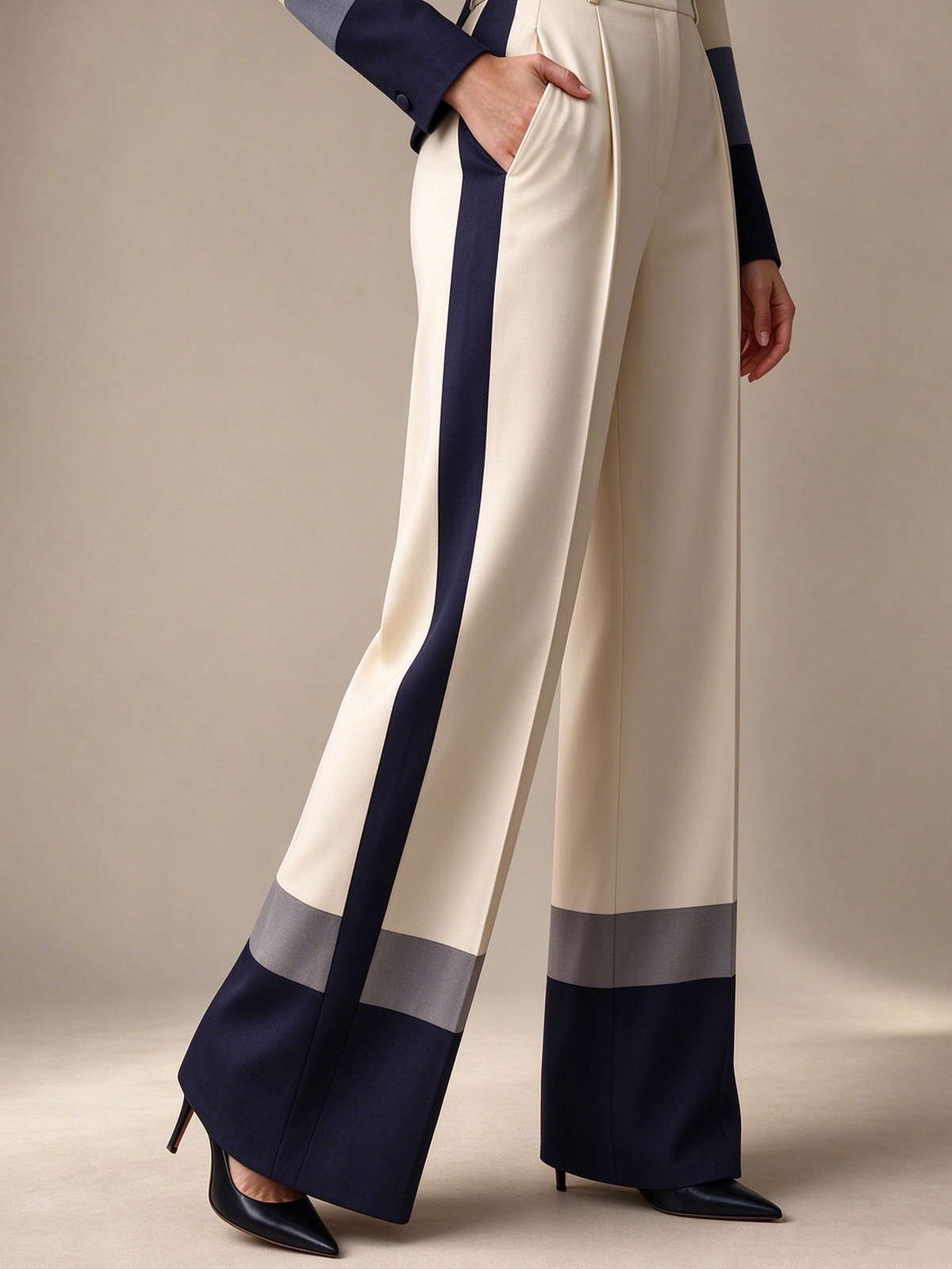 Beige Color Block V Neck Blazer And High Waist Wide Leg Pants 2-Piece Suit