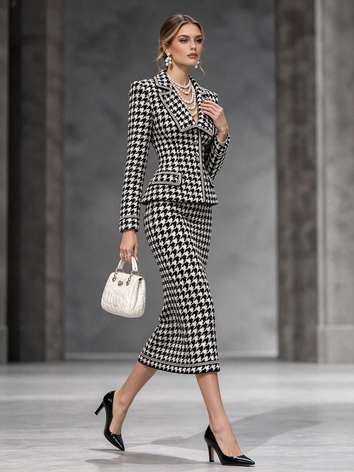 Black White Houndstooth Notch Lapel Multi Button Blazer & Midi Skirt 2-Piece Suit