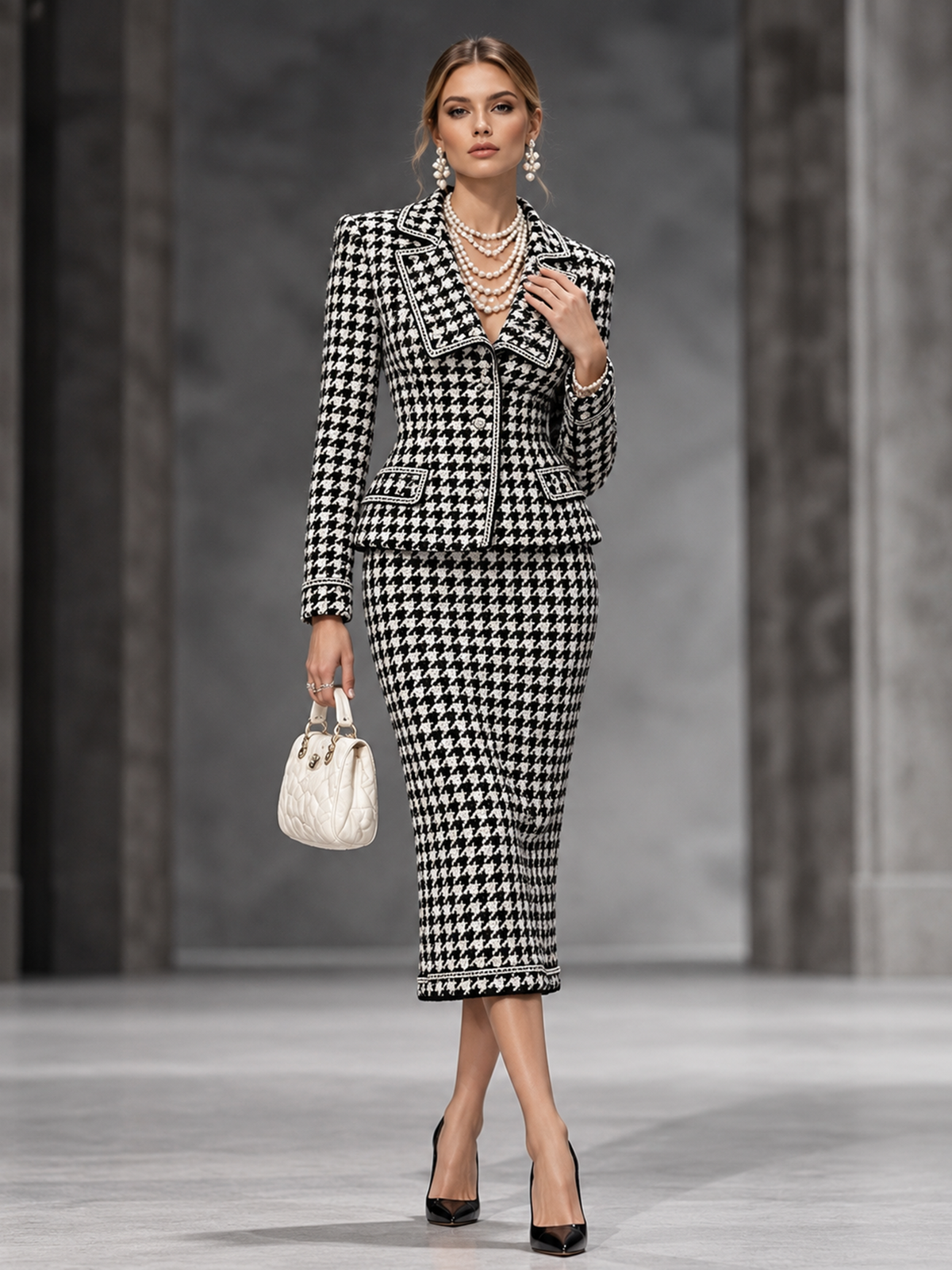 Black White Houndstooth Notch Lapel Multi Button Blazer & Midi Skirt 2-Piece Suit
