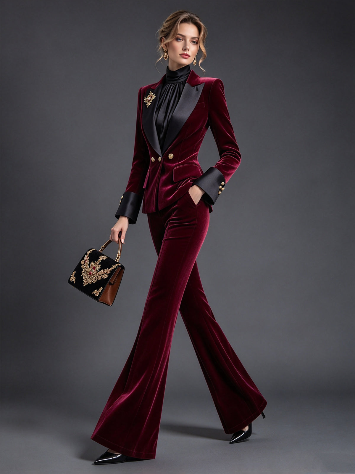 Burgundy Peak Lapel Double Breasted Velvet Blazer & Flare Trousers 2-Piece Suit
