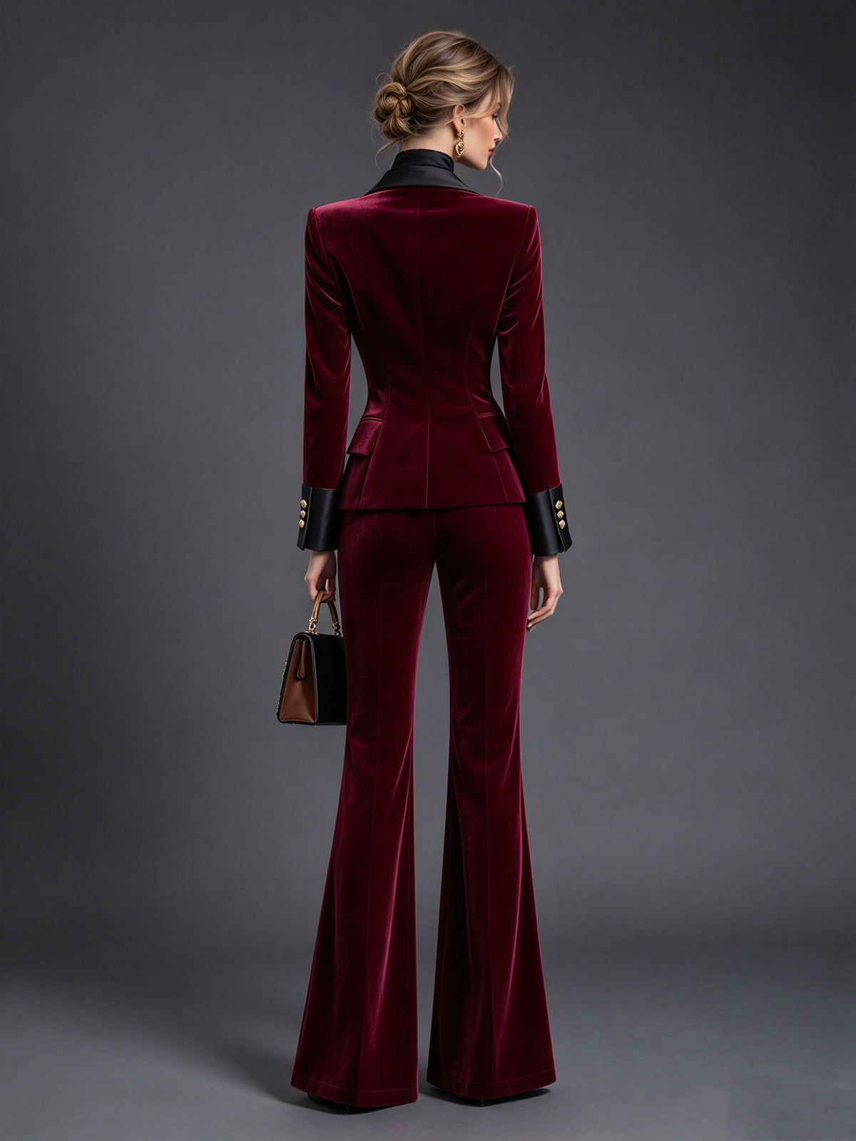 Burgundy Peak Lapel Double Breasted Velvet Blazer & Flare Trousers 2-Piece Suit