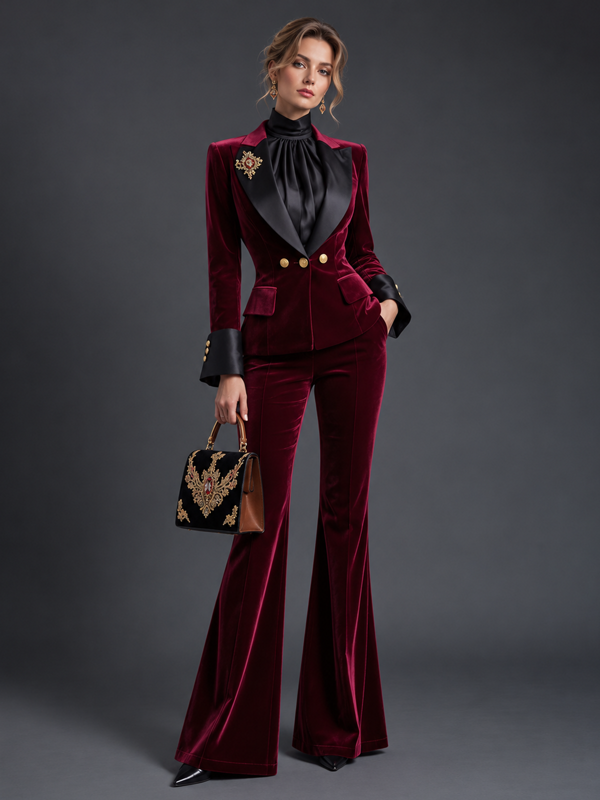 Burgundy Peak Lapel Double Breasted Velvet Blazer & Flare Trousers 2-Piece Suit