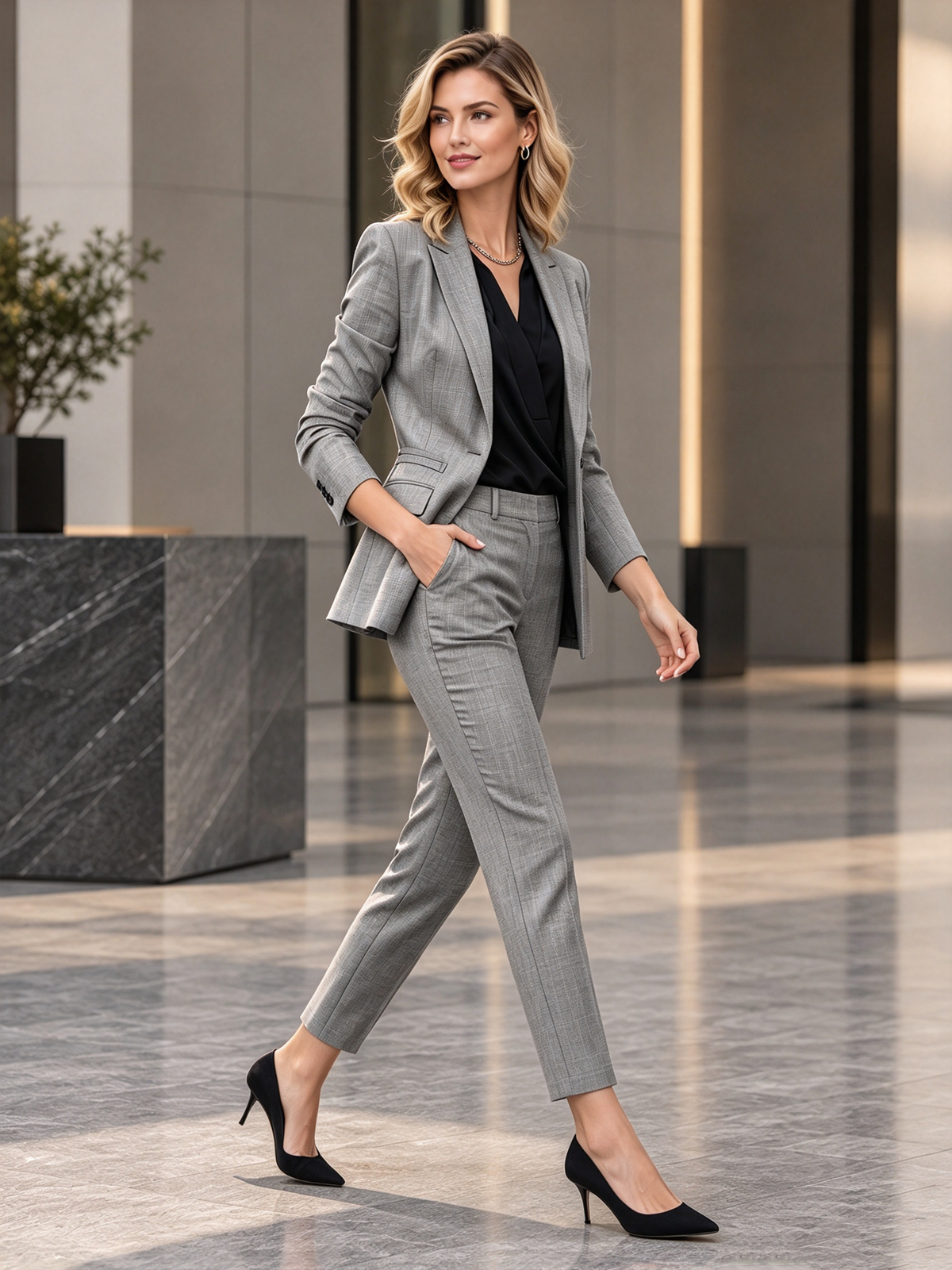 Grey Notch Lapel Single Button Blazer & Cropped Slim Trousers 2-Piece Suit