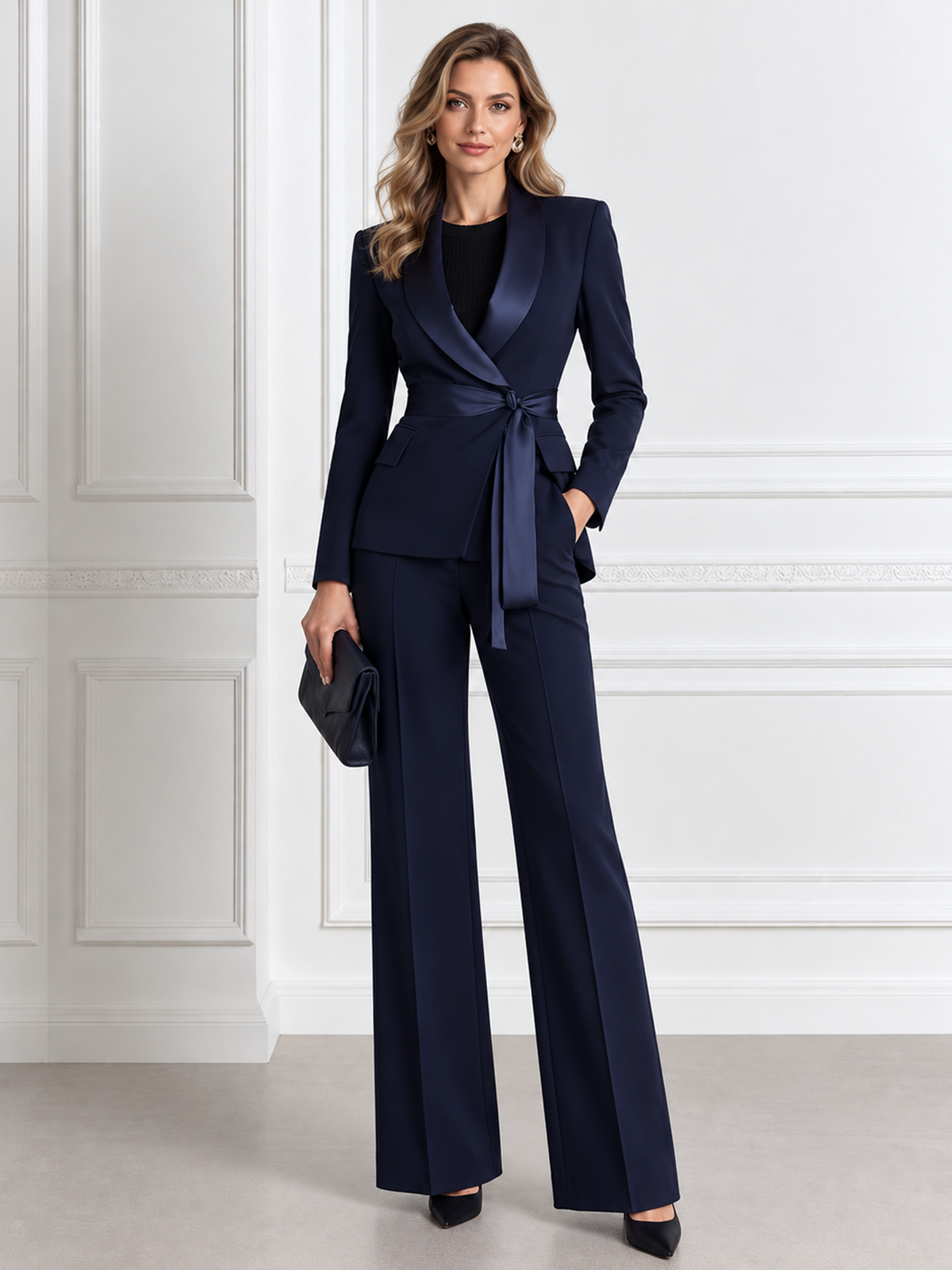Navy Shawl Lapel Tie Waist Blazer & Wide Leg Trousers 2-Piece Suit