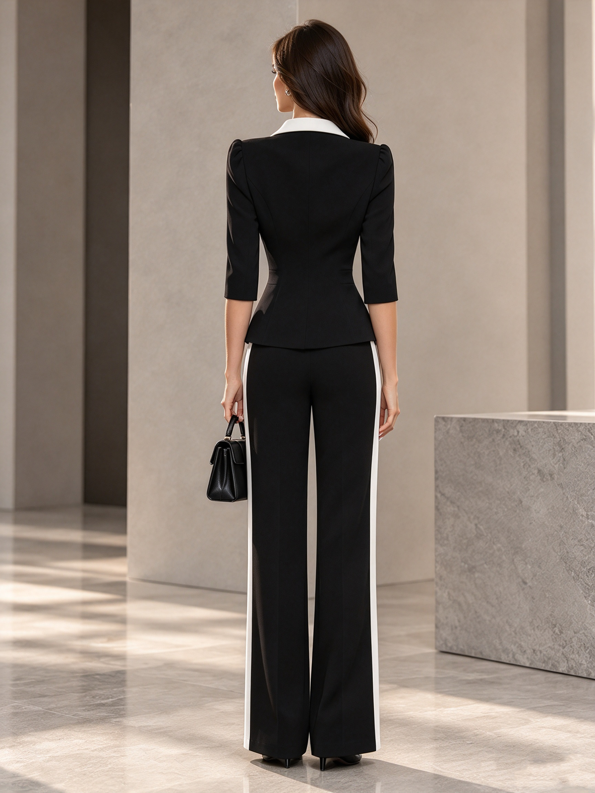 Black White Shawl Lapel Blazer & Side Stripe Pants 2-Piece Suit
