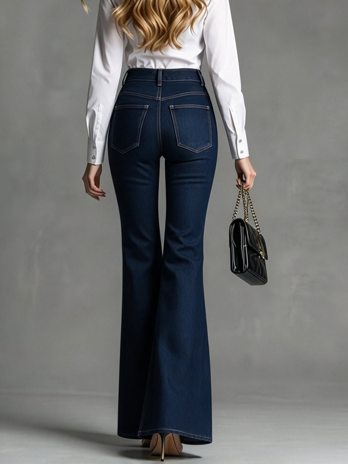 Dark Blue High Waisted Zip Front Slight Flare Pants
