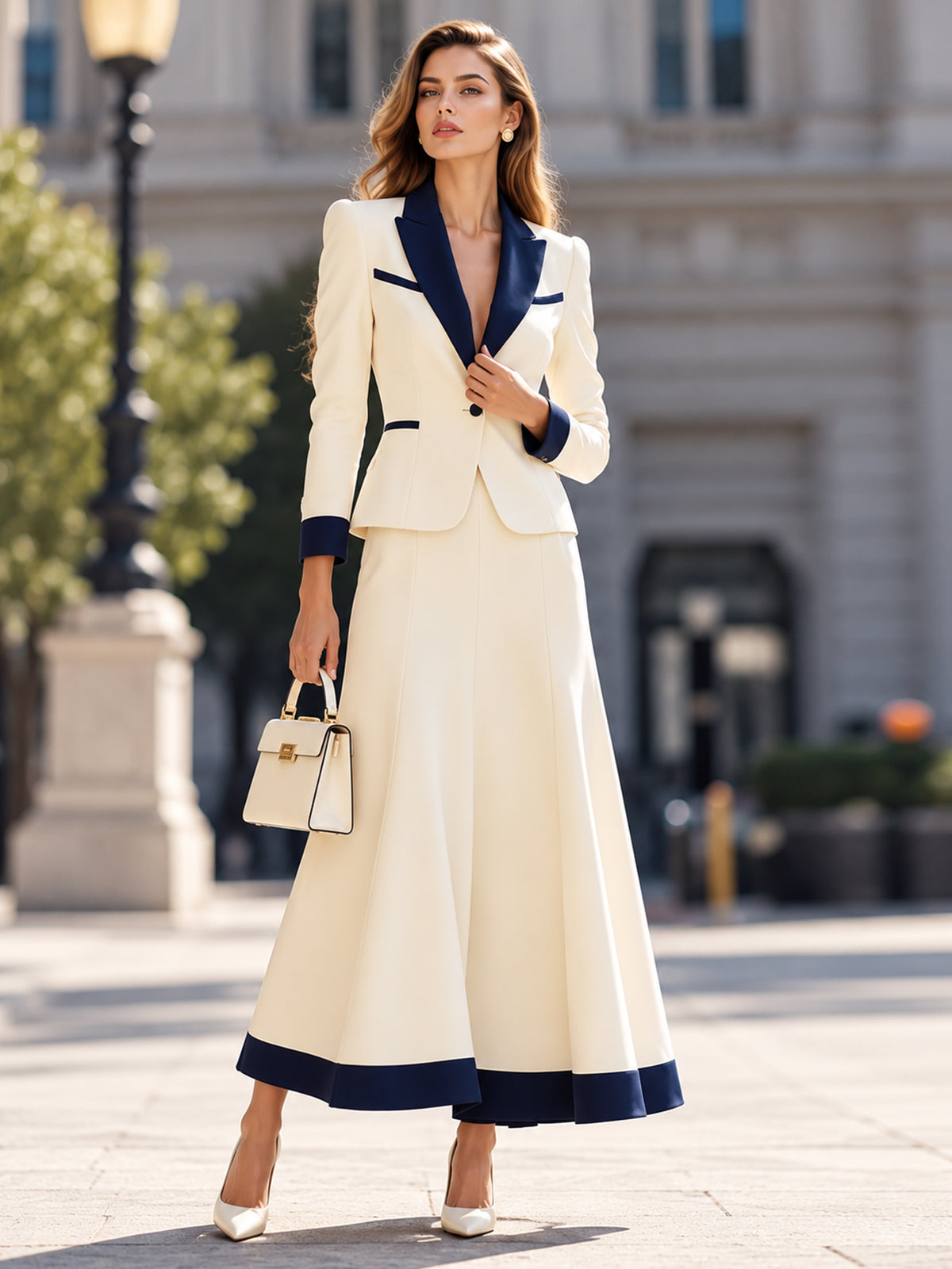 Light Beige And Navy Color Block Blazer Paired With A Skirt 2-Piece Suit