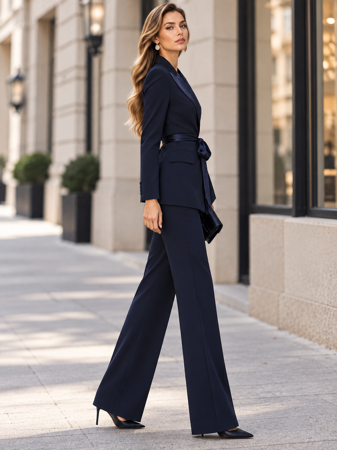 Navy Blue Satin Collar Fitted Blazer And Wide Leg Pants 2-Piece Suit