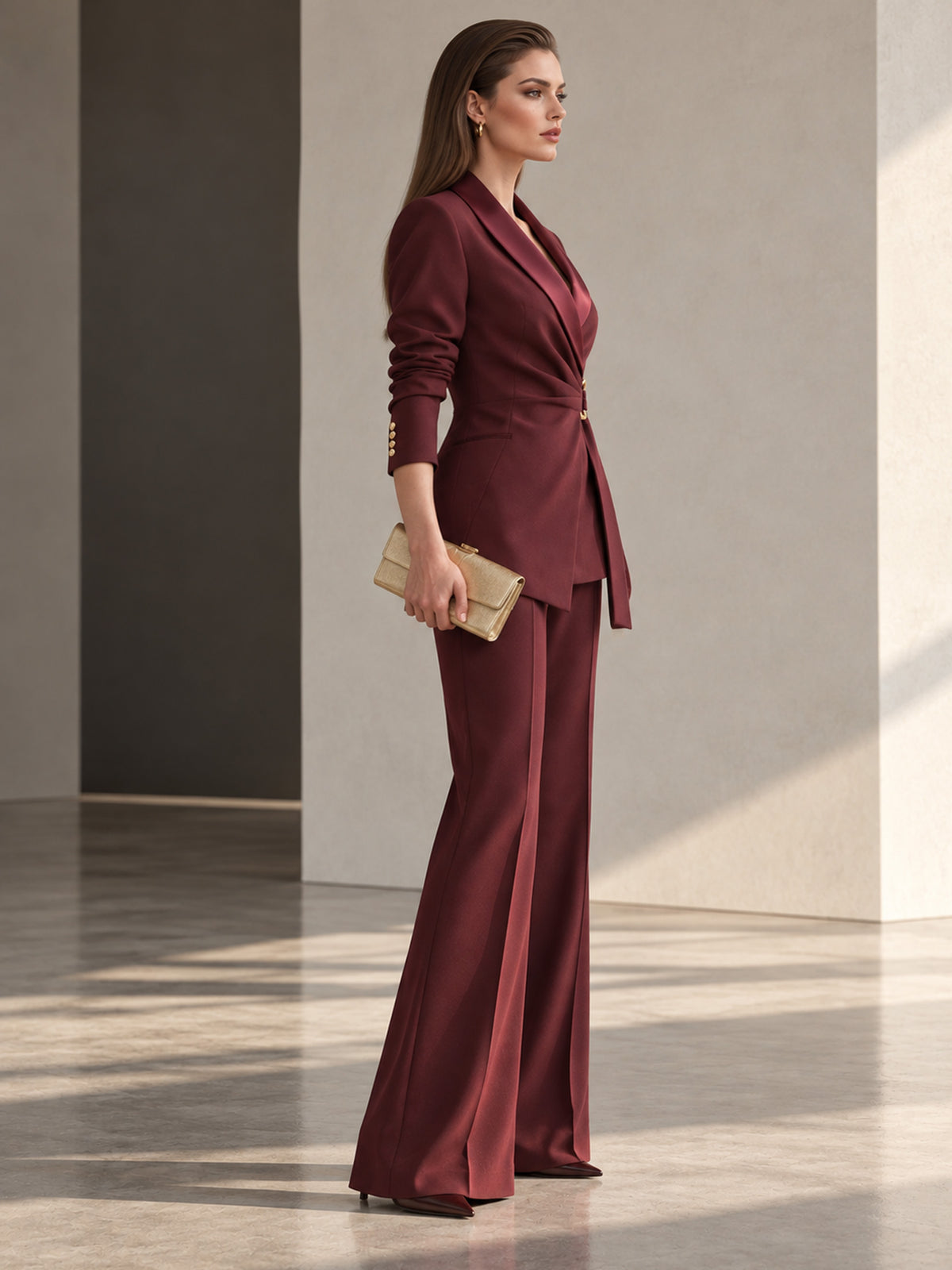 Burgundy Banded Blazer & Wide Leg Pants 2-Piece Suit
