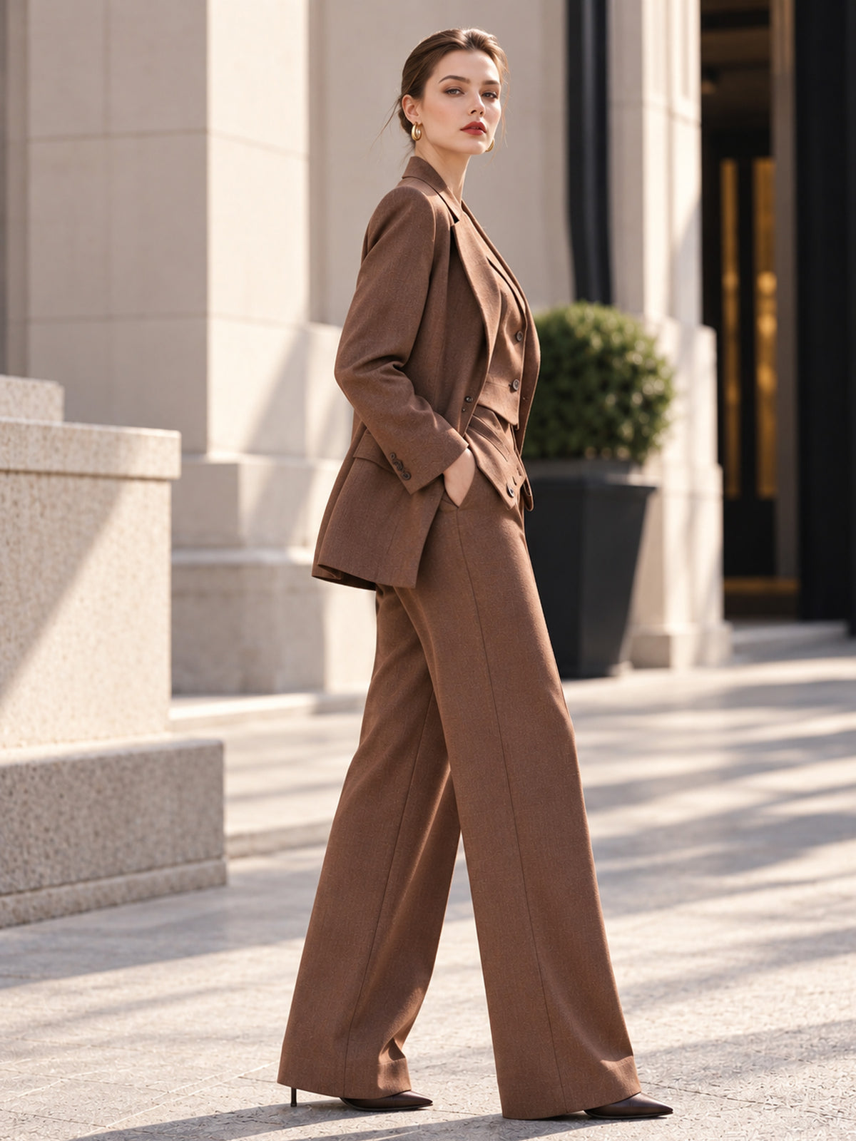 Brown Notch Lapel Blazer, Vest & Wide Leg Trousers 3-Piece Suit