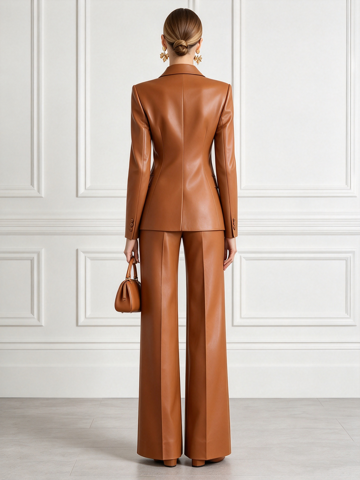 Camel Notch Lapel Blazer & Wide Leg Trousers 2-Piece Suit